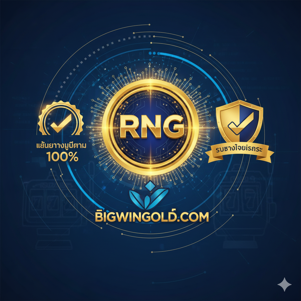 ภาพแสดงจุดเด่นของ BigwinGold โดยมีไอคอน RNG อยู่ตรงกลาง ล้อมรอบด้วยตรารับรองและตราความยุติธรรม 100% ซึ่งแสดงถึงความน่าเชื่อถือและความปลอดภัย