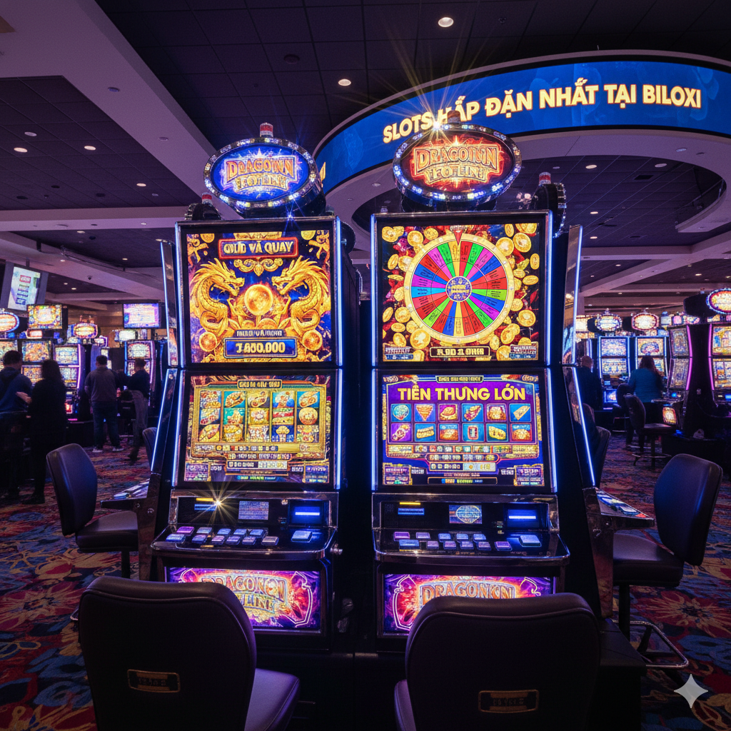 Một bức ảnh sắp đặt tập trung vào các máy slots 'nóng' nhất. Hình ảnh nổi bật của màn hình trò chơi Dragon Link và Wheel of Fortune, được chiếu sáng mạnh mẽ với các biểu tượng đặc trưng (Rồng vàng, vòng quay may mắn). Tập trung vào các tính năng thưởng như 'Hold & Spin' của Dragon Link và vòng quay lũy tiến của WOF. Tổng thể phải tạo cảm giác kích thích tột độ, sử dụng màu sắc bão hòa, với hiệu ứng ánh sáng chớp nháy từ màn hình LED, nhấn mạnh vào tiềm năng thắng lớn và tính phổ biến của chúng.
