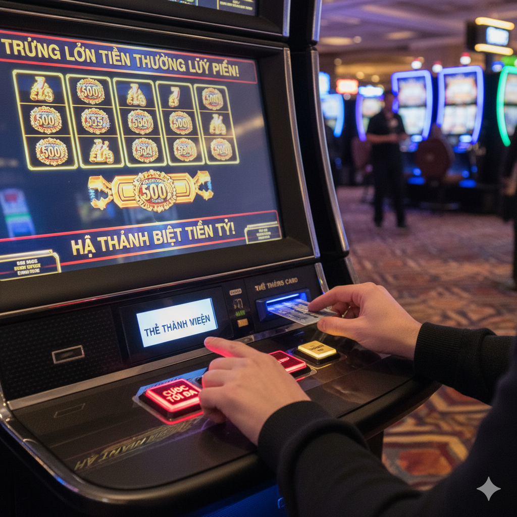 Một bức ảnh cận cảnh, góc nhìn từ vai người chơi, minh họa hai mẹo chơi quan trọng. Một bàn tay đang nhấn mạnh nút 'MAX BET' (Cược Tối Đa) trên bảng điều khiển máy đánh bạc. Hoặc một bàn tay khác đang cẩn thận trượt 'Thẻ Hội Viên' (Players Card) vào khe đọc thẻ của máy. Màn hình máy đánh bạc hiển thị các biểu tượng Jackpot lũy tiến sáng rực. Phong cách thực tế, tập trung và rõ ràng, với phông nền sòng bạc mờ ảo để giữ trọng tâm vào hành động hướng dẫn chiến thuật.