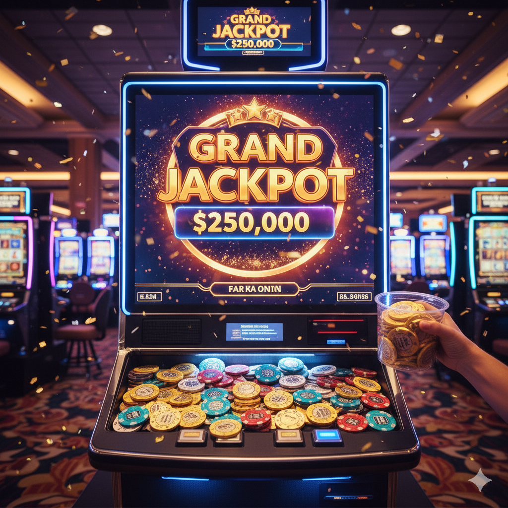 Hình ảnh ăn mừng chiến thắng hoành tráng và lạc quan. Màn hình máy đánh bạc video hiển thị rõ ràng thông báo 'GRAND JACKPOT' hoặc một số tiền thắng lớn (ví dụ: $250,000) với phông chữ lớn, rực rỡ. Phía dưới, khay tiền của máy tràn ngập các chip sòng bạc có mệnh giá cao, đặc biệt là chip vàng (để liên kết với bigwingold.com). Hiệu ứng confetti hoặc lấp lánh nhẹ nhàng xung quanh, tạo ra không khí hân hoan, thành công để tổng kết bài viết.