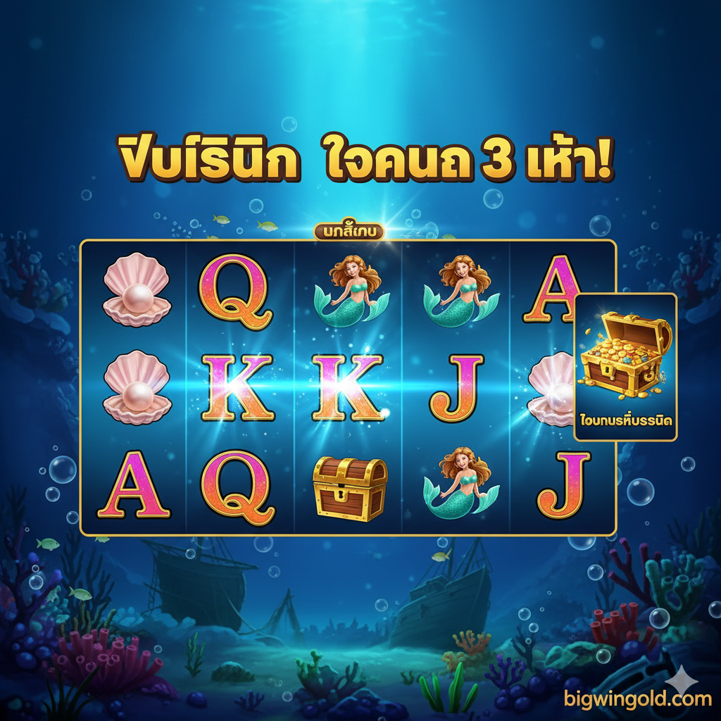 ภาพเน้นฟีเจอร์หลักของเกมคือ 'Free Spins' และ 'Treasure Bonus' ในภาพให้แสดงฉากที่วงล้อสล็อตกำลังเข้าสู่รอบ Free Spins โดยมีสัญลักษณ์ Mermaid 3 ตัวขึ้นไปปรากฏอยู่ พร้อมข้อความขนาดใหญ่เน้นคำว่า 'FREE SPINS X3 MULTIPLIER!' หรือ 'ฟรีสปิน ตัวคูณ 3 เท่า!' ด้านข้างอาจมีภาพเล็กๆ ของ Treasure Chest (หีบสมบัติ) เพื่อสื่อถึงโบนัสที่สองด้วย ใช้สีน้ำเงินสว่างและสีทองเพื่อสื่อถึงชัยชนะและโบนัส ภาพต้องดูน่าตื่นเต้นเหมือนกำลังจะได้รับรางวัลใหญ่