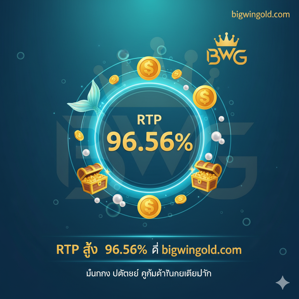 ภาพที่เน้น 'ข้อดี' หรือ 'จุดเด่น' ของเกมและ bigwingold.com องค์ประกอบหลักคือ แผนภูมิวงกลมหรือตัวเลขขนาดใหญ่เน้นค่า RTP 96.56% ของ Mermaids Millions โดยมีสัญลักษณ์นางเงือกและเงินเหรียญทองล้อมรอบอยู่ ใส่องค์ประกอบที่สื่อถึง bigwingold.com เช่น โลโก้เว็บไซต์ (ถ้ามี) หรือข้อความ 'RTP สูง 96.56% ที่ bigwingold.com' ที่สื่อถึงความมั่นคงและความคุ้มค่าในการเล่นที่เว็บไซต์นี้ ใช้โทนสีเขียวหรือฟ้าที่ให้ความรู้สึกน่าเชื่อถือและมั่นคงทางการเงิน