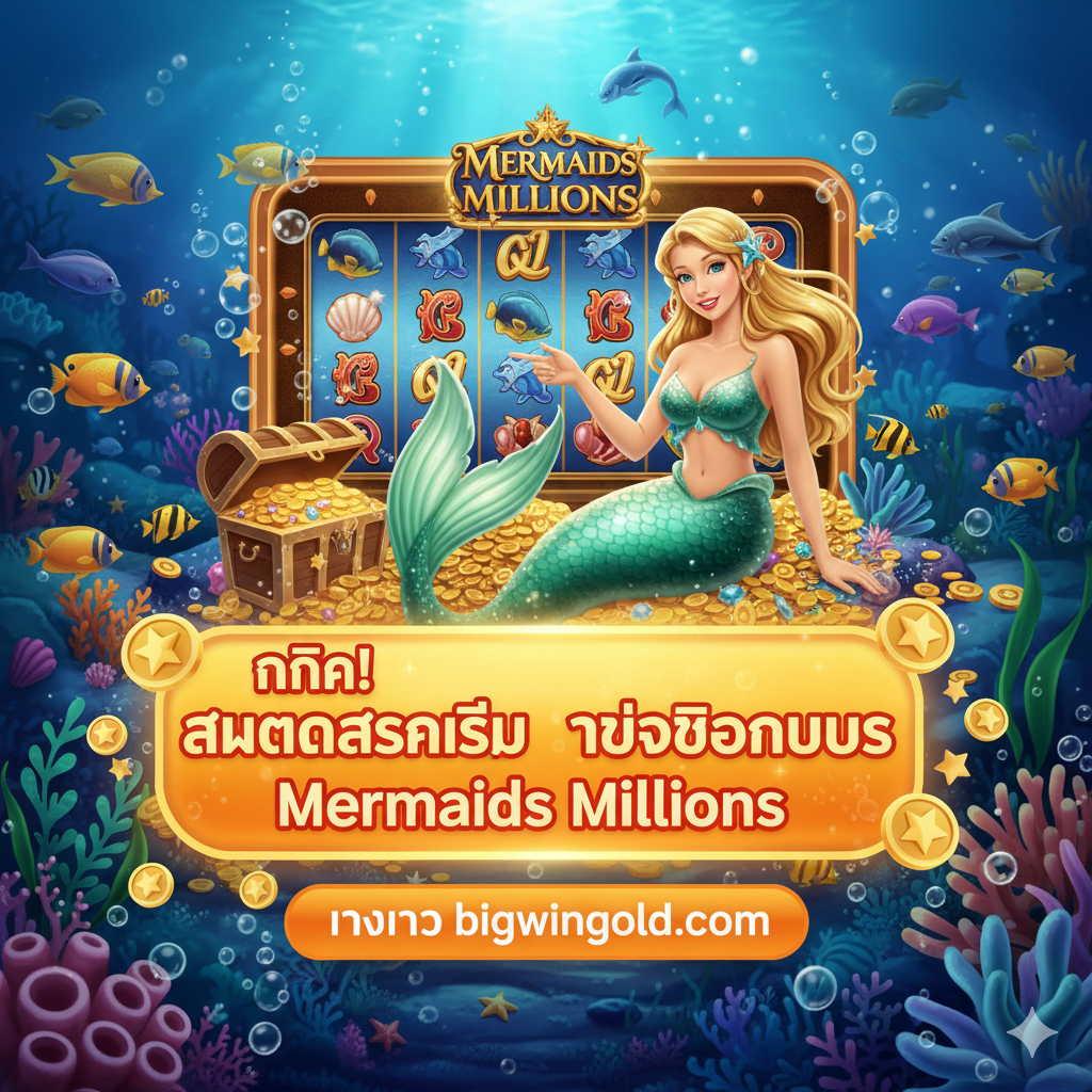 ภาพสรุปที่ใช้เป็น Call to Action (กระตุ้นการตัดสินใจ) ภาพควรมีองค์ประกอบของสล็อต Mermaids Millions ผสมผสานกับไอคอนที่สื่อถึง 'การสมัคร' และ 'โบนัส' เช่น รูปนางเงือกที่กำลังชี้ไปยังปุ่มขนาดใหญ่ที่เขียนว่า 'คลิก! สมัครสมาชิก รับโบนัส Mermaids Millions' หรือ 'ทางเข้า bigwingold.com' ใช้สีที่ตัดกันเช่นสีทอง สีแดง หรือสีส้มเพื่อดึงดูดสายตาและเร่งให้ผู้ใช้ดำเนินการ ใช้ฉากใต้ทะเลที่สวยงามเพื่อคงความเป็นธีมของเกมและสร้างความรู้สึกอยากเล่นทันที