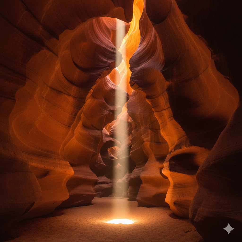 Ảnh bìa phong cảnh hùng vĩ của một hẻm núi khe (slot canyon) ở Arizona. Hình ảnh tập trung vào vách đá sa thạch màu cam, đỏ rực rỡ, được chiếu sáng bởi một chùm ánh sáng vàng rực rỡ xuyên thẳng từ đỉnh xuống đáy hẻm núi (light beam), tạo ra độ tương phản cao và hiệu ứng huyền ảo. Bố cục dọc, nhấn mạnh chiều cao và sự uốn lượn mềm mại của vách đá. Phong cách ảnh du lịch chất lượng cao, màu sắc ấm áp, rực rỡ, thu hút.