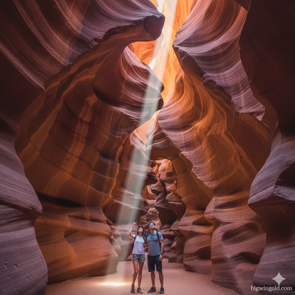 Hình ảnh cận cảnh một đoạn ít người qua lại của Canyon X hoặc một hẻm núi khe thay thế khác (ví dụ: Waterholes Canyon), nhấn mạnh vào sự riêng tư. Trong ảnh có một đến hai người du khách đang đi bộ thong thả hoặc đang dùng điện thoại/máy ảnh chụp ảnh mà không bị chen lấn. Màu sắc của vách đá vẫn ấm áp và rực rỡ như Antelope Canyon nhưng không gian thoáng đãng hơn. Bố cục ngang, tạo cảm giác yên bình và thư thái, thể hiện 'tính năng' của các lựa chọn thay thế là ít đông đúc.