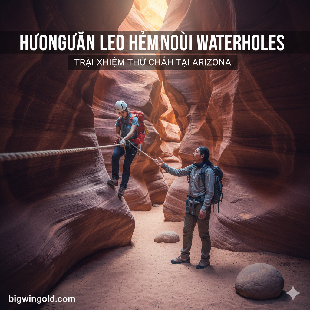 Ảnh minh họa trải nghiệm 'mạo hiểm' tại Waterholes Canyon hoặc một hẻm núi khe yêu cầu leo trèo. Hình ảnh một người du khách (có thể là người Việt, hoặc một người châu Á) đang leo xuống một chiếc thang ngắn hoặc dây thừng bên trong hẻm núi, có sự hỗ trợ của hướng dẫn viên Navajo. Ánh sáng dịu nhẹ nhưng vẫn làm nổi bật màu sắc đỏ-tím độc đáo của đá sa thạch. Bố cục năng động, thể hiện hành động, hướng dẫn người đọc về tính chất 'canyoning' của trải nghiệm này.