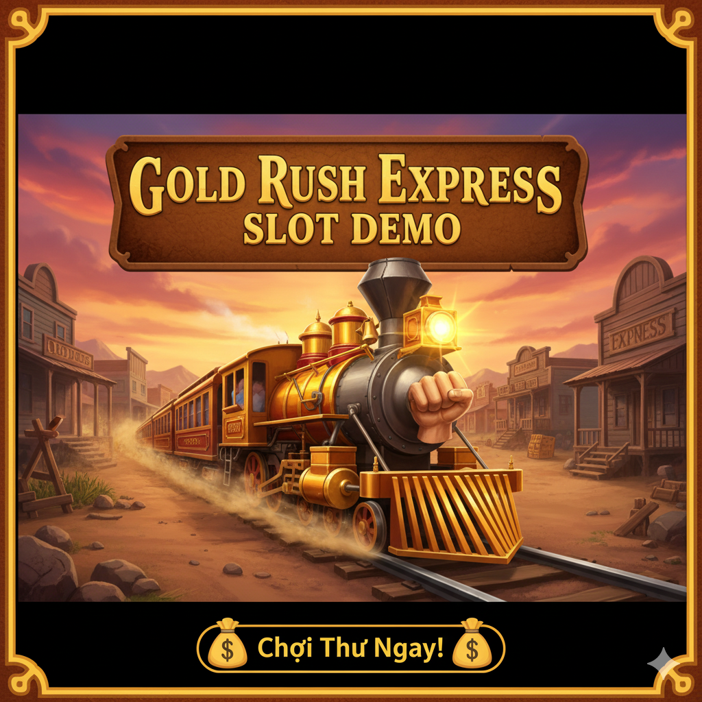 Ảnh bìa hấp dẫn cho trò chơi slot 'Gold Rush Express'. Bối cảnh là một thị trấn khai thác vàng kiểu miền Tây hoang dã vào buổi hoàng hôn. Một chiếc xe lửa tốc hành màu vàng và đỏ rực rỡ đang chạy thẳng về phía trước trên đường ray, tượng trưng cho 'Express'. Phía trước xe lửa, một nắm tay đang cầm một thỏi vàng lớn lấp lánh, phản chiếu ánh sáng. Tiêu đề 'Gold Rush Express Slot Demo' được đặt nổi bật, sử dụng phông chữ đậm, có đường viền vàng cổ điển, thu hút người chơi nhấp vào để chơi thử. Màu sắc chủ đạo là vàng, nâu đất và cam ấm áp.