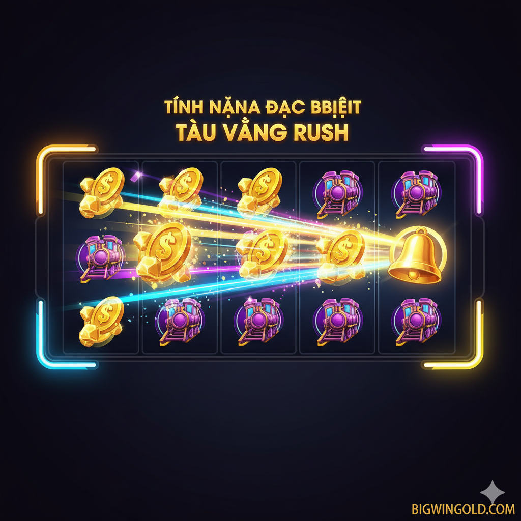 Hình ảnh minh họa cho tính năng 'Rush Express™' và 'Tàu Vàng' của trò chơi. Hình ảnh tập trung vào màn hình game slot 5x4, đặc biệt làm nổi bật cuộn thứ 5 nơi biểu tượng Chuông (Bell) xuất hiện. Các biểu tượng Tiền (Nugget/Coin) và Tàu Hỏa (Train) ở các cuộn khác được phóng to và phát sáng, thể hiện chúng đang được 'thu thập'. Một hiệu ứng đường ray hoặc đường chạy rực rỡ kết nối Chuông và các biểu tượng Tiền, nhấn mạnh tốc độ và sự kích hoạt tính năng. Màu sắc neon và ánh kim loại nổi bật trên nền tối của giao diện game.