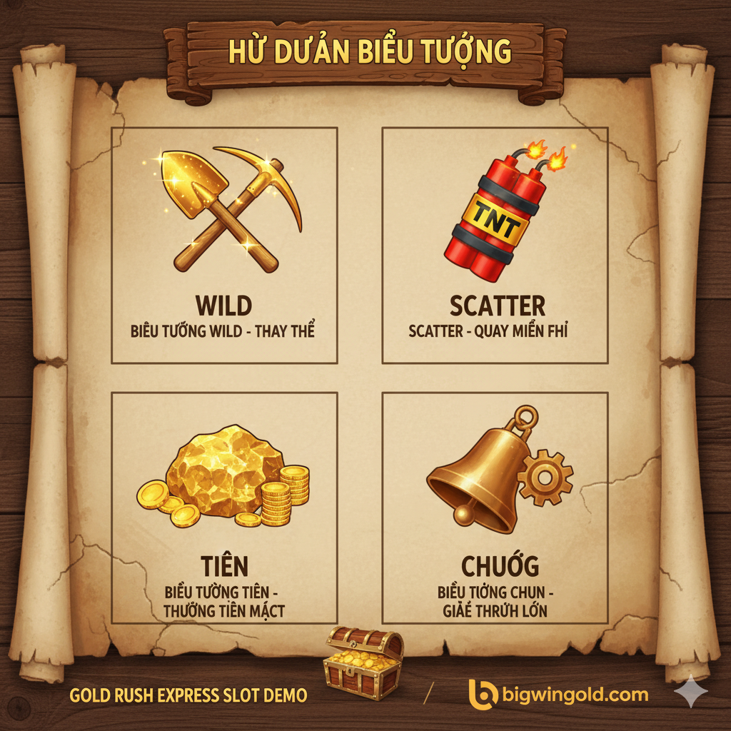Hình ảnh mang tính hướng dẫn, giải thích các biểu tượng quan trọng trong game. Bố cục chia màn hình thành các ô rõ ràng, mỗi ô hiển thị một biểu tượng chủ chốt: Wild (một chiếc xẻng và cuốc bắt chéo), Scatter (thuốc nổ TNT), Biểu tượng Tiền (Nugget vàng) và Biểu tượng Chuông. Dưới mỗi biểu tượng có một chú thích ngắn gọn bằng tiếng Việt. Phong cách đồ họa giống như bảng chỉ dẫn bằng gỗ hoặc da cuộn cổ điển, tạo cảm giác như một bản đồ kho báu. Tổng thể rõ ràng, dễ đọc, giúp người chơi nhanh chóng nắm bắt luật chơi.