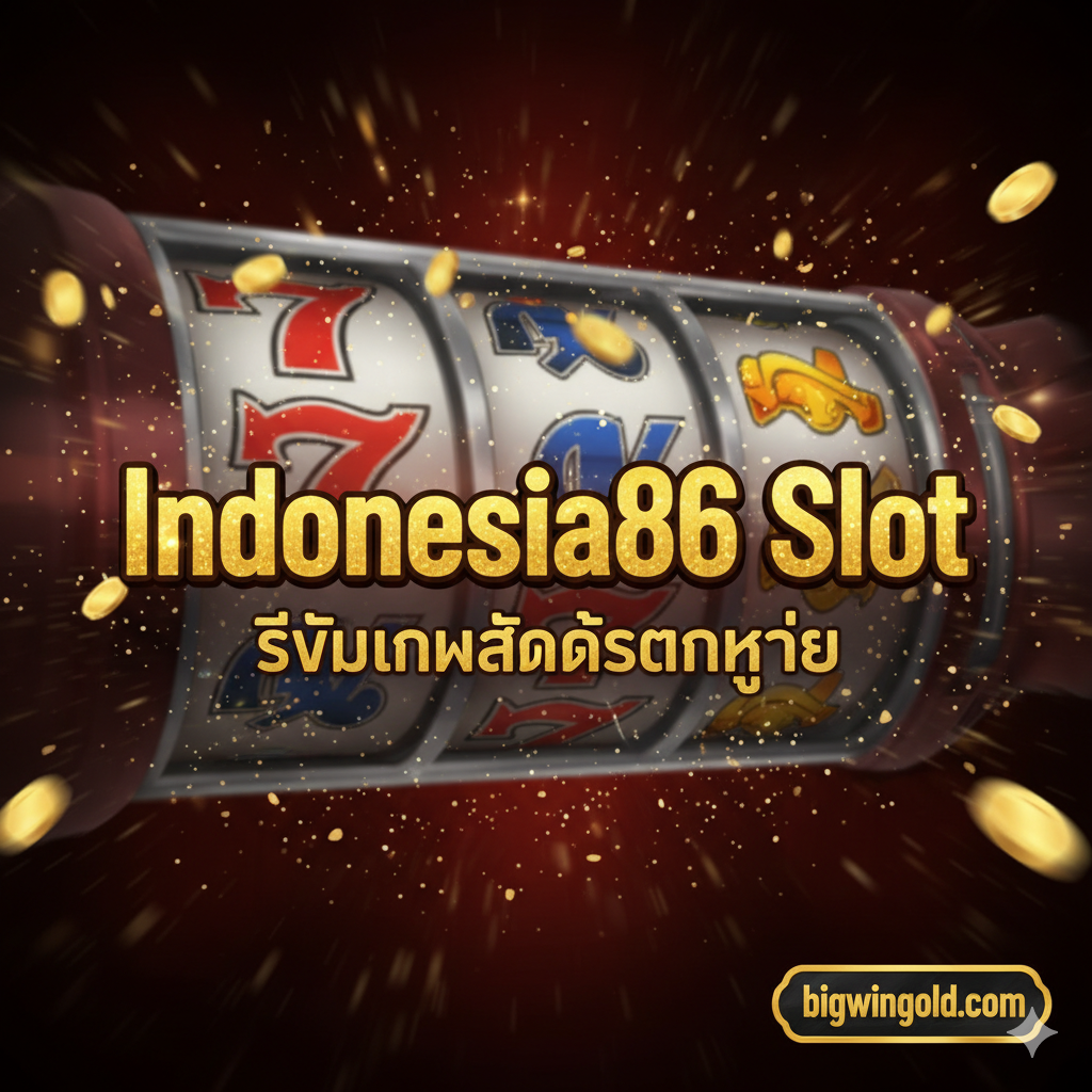 一张充满活力และ吸引力的封面图,用于展示“Indonesia86 Slot”游戏。图片中央เป็นศิลปะ设计的泰文标题“Indonesia86 Slot”และ“รีวิวเกมสล็อตแตกง่าย”,字体ใช้金色และ闪光效果。背景是模糊的老虎机转轴และ倾泻而出的金币,营造出奢华และ胜利的氛围。色彩以金色、红色和深色背景为主,形成强烈对比。底部หรือ角落应 prominently 展示 “bigwingold.com” 网站的标志。
