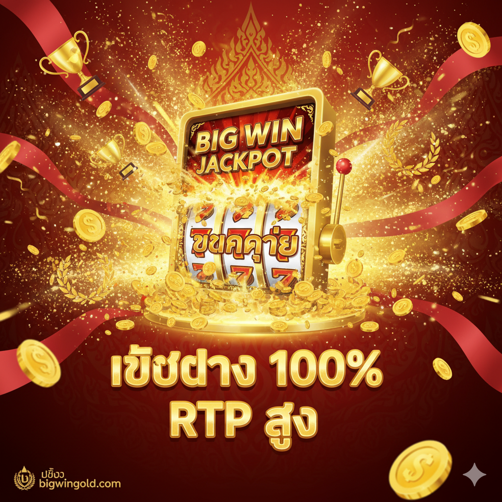 展示平台的核心优势，即“เว็บตรง”และ“แตกง่าย”。图片使用金色和红色等象征胜利的色彩。主体元素是一个巨大的老虎机界面،上面显示“BIG WIN”或“JACKPOT”的爆炸性动画،旁边悬浮着金币和奖杯。显著位置突出“เว็บตรง 100%”และ“RTP สูง”的泰语文字。构图应充满活力和财富感،强调玩家通过bigwingold.com能轻松获得高额回报。