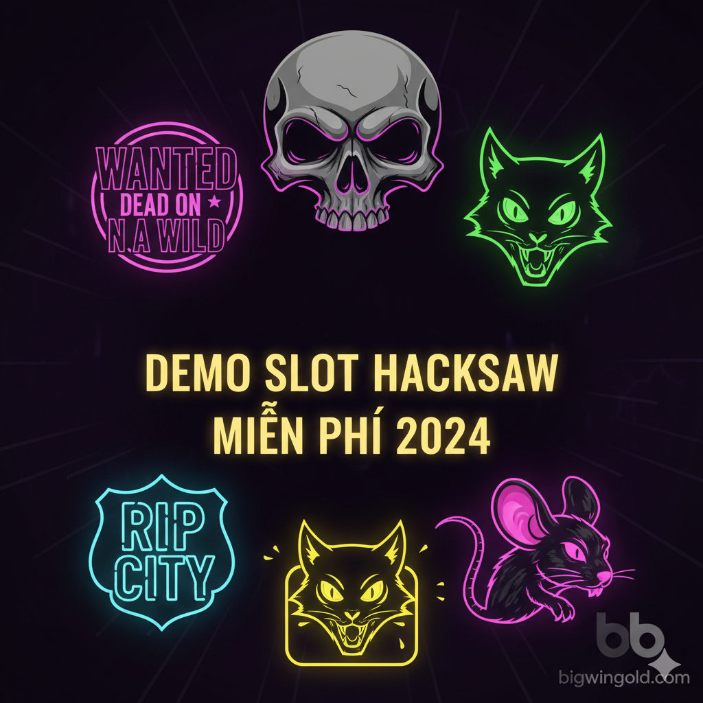 Ảnh bìa chính cho bài viết, thể hiện sự hấp dẫn của trò chơi Hacksaw Gaming. Bố cục nên là một sự kết hợp nổi bật của các biểu tượng game Hacksaw nổi tiếng như đầu lâu từ 'Wanted Dead or a Wild' hoặc mèo/chuột từ 'RIP City'. Tông màu chủ đạo là màu tối (đen, tím đậm) kết hợp với ánh sáng neon rực rỡ (xanh lá, hồng, vàng) tạo cảm giác bí ẩn và hiện đại. Ở trung tâm, có thể có một dòng chữ nổi bật bằng tiếng Việt 'Demo Slot Hacksaw Miễn Phí 2024' và logo mờ của bigwingold.com ở góc. Phong cách đồ họa nên sắc nét, "edgy" (ấn tượng mạnh) như chính phong cách của Hacksaw.
