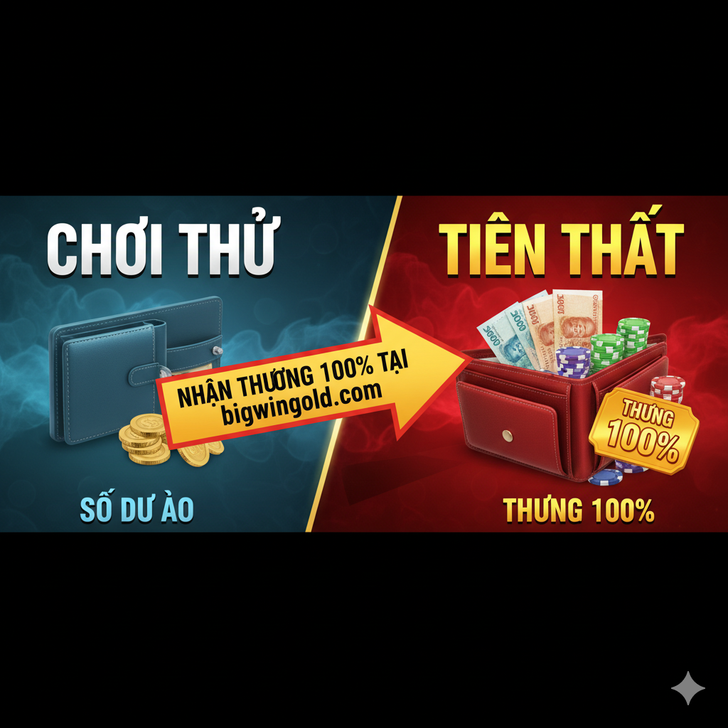 Hình ảnh tổng kết, khuyến khích người chơi chuyển từ Demo sang chơi tiền thật. Hình ảnh nên có hai phần rõ ràng được chia cắt hoặc đặt cạnh nhau: một bên là 'DEMO' (tượng trưng bằng một chiếc ví rỗng hoặc số dư ảo) với tông màu lạnh (xanh dương, xám) và một bên là 'TIỀN THẬT' (tượng trưng bằng một chiếc ví đầy tiền/chip hoặc một khoản Bonus 100%) với tông màu nóng (đỏ, vàng). Ở giữa là một mũi tên hoặc biểu tượng chuyển đổi, kèm theo thông điệp 'Nhận Bonus 100% tại bigwingold' để làm nổi bật lời kêu gọi hành động. Thiết kế cần mạnh mẽ và tạo động lực.