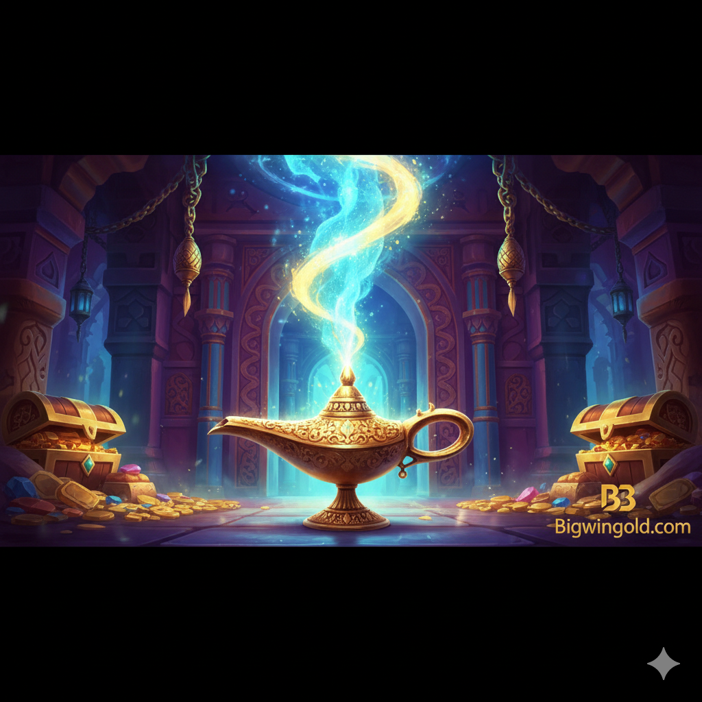 Một splash màn hình cho trò chơi The Wish Master Slot. Hình ảnh nên tập trung vào chiếc đèn thần Ả Rập (Genie Lamp) với ánh sáng xanh và vàng huyền ảo đang tỏa ra, tượng trưng cho Thần Đèn (Genie) sắp xuất hiện. Phía sau là khung cảnh hang động kho báu hoặc cổng vào một cung điện Ả Rập bí ẩn, mang tông màu tím và vàng đậm chất kỳ ảo. Thêm logo hoặc biểu tượng cách điệu của 'Bigwingold.com' một cách tinh tế ở góc dưới để liên kết với sàn cá cược. Phong cách đồ họa chất lượng cao, đậm tính fantasy.