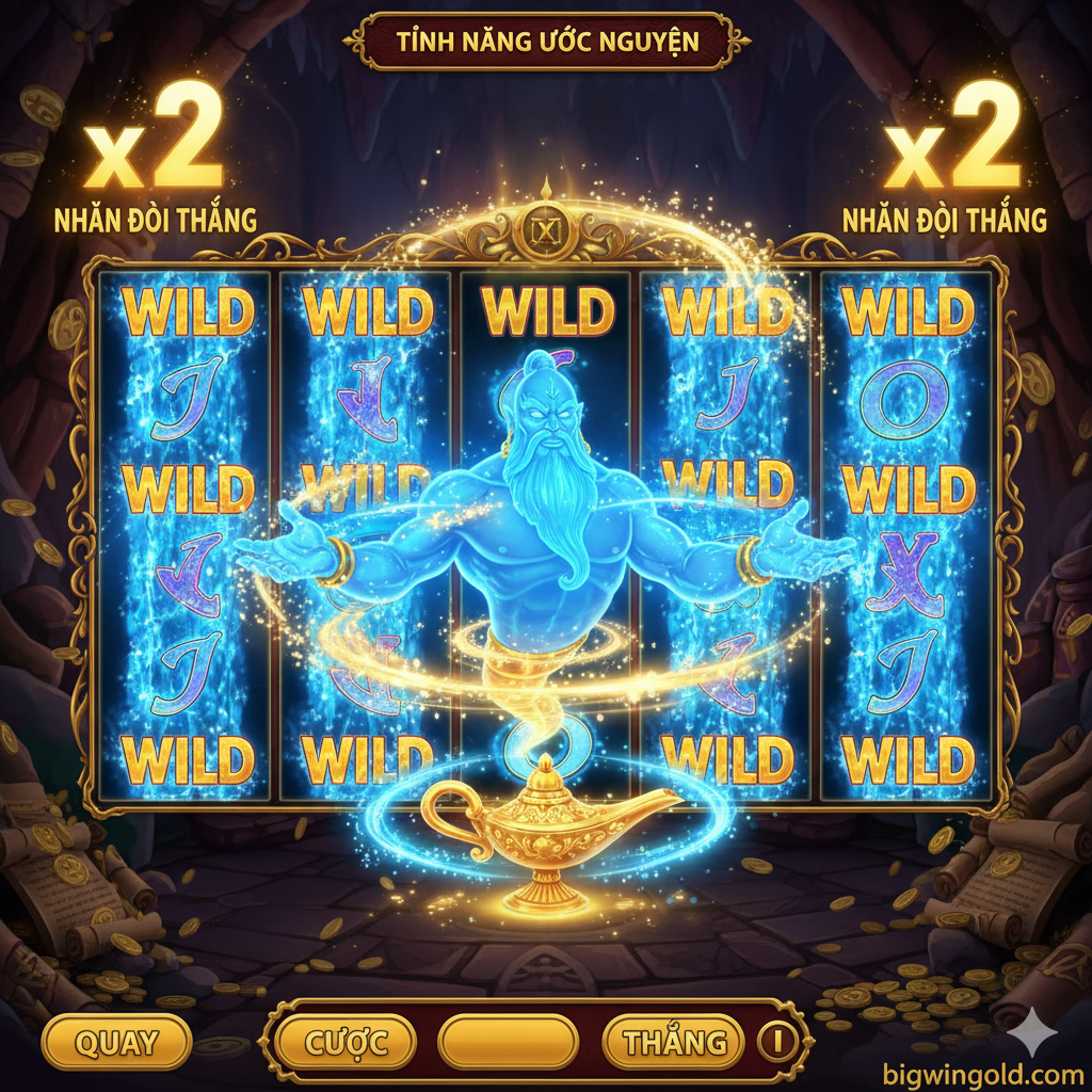 Hình ảnh minh họa cho 'Wish Master Feature' - tính năng cốt lõi của trò chơi The Wish Master Slot. Hình ảnh nên thể hiện giao diện cuộn quay (reels) của game The Wish Master, với Thần Đèn (Genie) đang thoát ra từ cuộn giấy Scatter hoặc đèn thần. Hiệu ứng đặc biệt nổi bật cần được hiển thị là các cuộn Wild mở rộng (Expanding Wilds) hoặc Wild Reels màu xanh/vàng sáng rực, cùng với biểu tượng nhân đôi chiến thắng (x2 Multiplier) được hiển thị rõ ràng trên màn hình. Tông màu xanh rực và vàng sáng làm chủ đạo để nhấn mạnh sự kiện đặc biệt và phần thưởng lớn.