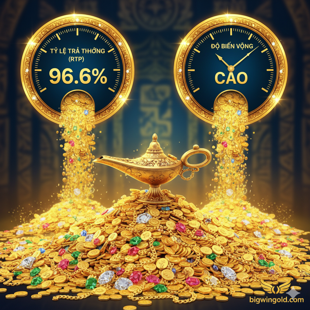 Hình ảnh nhấn mạnh hai ưu điểm chính: RTP cao (96.6%) và Độ biến động cao (High Volatility). Hình ảnh có thể là một biểu đồ hoặc một bảng thông số (gauge) về RTP và Volatility, đặt cạnh một đống vàng, tiền xu và đá quý khổng lồ đổ ra từ chiếc đèn thần. Tông màu vàng kim rực rỡ và xanh dương đậm tượng trưng cho sự giàu có và độ tin cậy. Thêm một dòng chữ nhỏ hoặc biểu tượng đơn giản liên quan đến 'Bigwingold' để gợi nhắc địa điểm chơi uy tín.