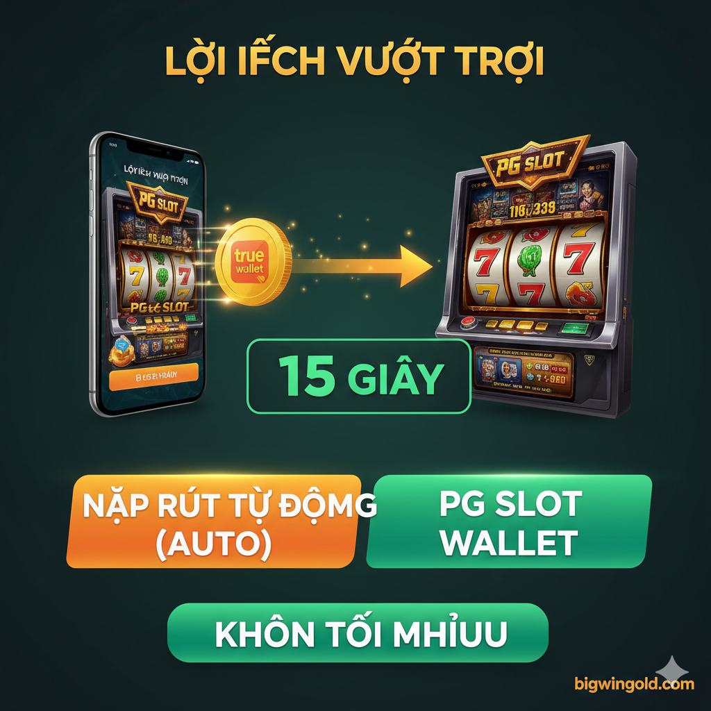 Ưu thế图聚焦于'Nạp Rút Tự Động (Auto)'和'PG SLOT WALLET'的便捷性。画面中心是一个快速移动的动画效果，例如一个硬币瞬间从手机屏幕（代表True Wallet）转移到老虎机界面（代表游戏账户），配以一个醒目的计时器显示'15 giây'。色彩使用明快的橙色 và xanh lá cây, nhấn mạnh tốc độ và hiệu quả. 构图简洁有力, nổi bật 'Không Tối Thiểu (ฝากถอนไม่มีขั้นต่ำ)'的 văn bản thông tin, thể hiện trải nghiệm người dùng tối ưu.