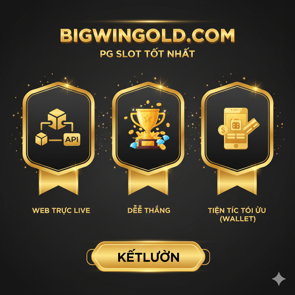 Tổng kết图用于回顾和加强'bigwingold.com'是'PG Slot TỐT NHẤT'的结论。画面采用三点式总结布局(三列或三个图标):1. 'Web Trực Tiếp (เว็บตรง)',图标 là kết nối API. 2. 'Dễ Thắng (แตกง่าย)',图标 là彩金 bùng nổ và cúp. 3. 'Tiện Ích Tối Ưu (Wallet)',图标 là điện thoại và ví. Thiết kế tổng thể phải trang trọng, uy tín, sử dụng các yếu tố huy chương vàng hoặc ruy băng để gói gọn ba ưu điểm cốt lõi này, nền hơi tối, làm nổi bật ánh sáng của các yếu tố vàng.