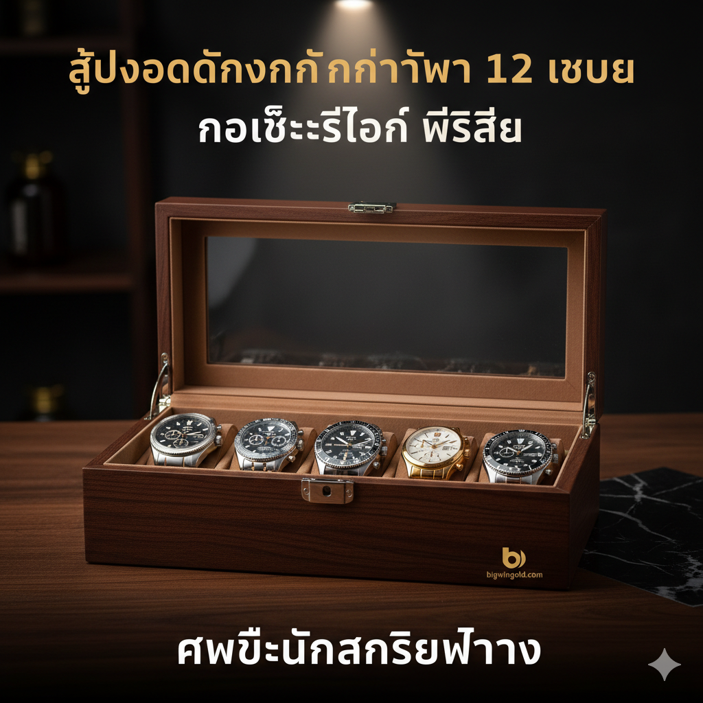 特写镜头（Close-up shot）展示一款高品质的12槽位手表盒，材质为深棕色或黑色PU皮革/木纹，带有透明玻璃盖。盒子内展示了5-6只不同风格的奢华手表（如计时码表、潜水表和正装表），手表光泽感强。背景应是柔和、模糊的奢华环境（如柚木桌面或深色大理石），使用暖色调的聚光灯从上方打亮手表和盒子，营造出高端、专业和收藏家级的氛围。构图上，盒子占据画面主体，强调其精美工艺和储物能力。