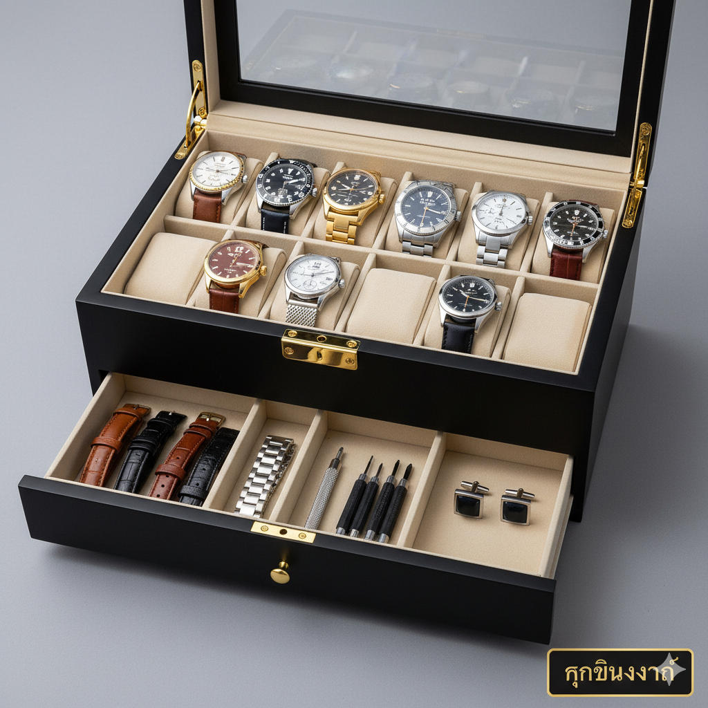 图片聚焦在文章强调的“功能特性”——带有多功能抽屉（Valet Drawer）的12槽位手表盒。画面清晰展示手表盒下方的抽屉被拉开约三分之一。上层12个槽位应有手表陈列，而下层的抽屉里整齐地摆放着手表配件，如替换表带（皮革和金属）、袖扣(cufflinks)和调表工具。使用俯视หรือ3/4角度拍摄，突出抽屉的绒布内衬和分类隔间，强调“ครบวงจร” (一站式/ครบวงจร) 的收纳解决方案。色彩应保持与品牌匹配的高级感。