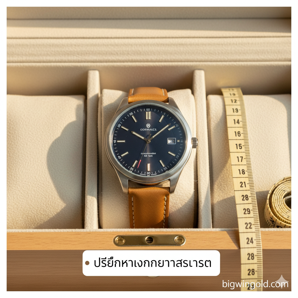 一张富有指导意义的图片,展示如何正确衡量和放置Oversized(大尺寸)手表。图片应是一个特写,展示一只大表径手表(如48mm)被稳妥地放置在一个宽敞的12槽位隔间内,周围留有足够的空间,避免碰到相邻的手表。可以引入一个软尺或卡尺(作为工具的一部分)在手表旁边,象征性地测量槽位宽度。构图要强调“พื้นที่ห่างกันอย่างเหมาะสม” (适当的间距),使用亮色调,聚焦于间隔和手表放置的细节,以教育用户เกี่ยวกับเลือกขนาดที่เหมาะสม。