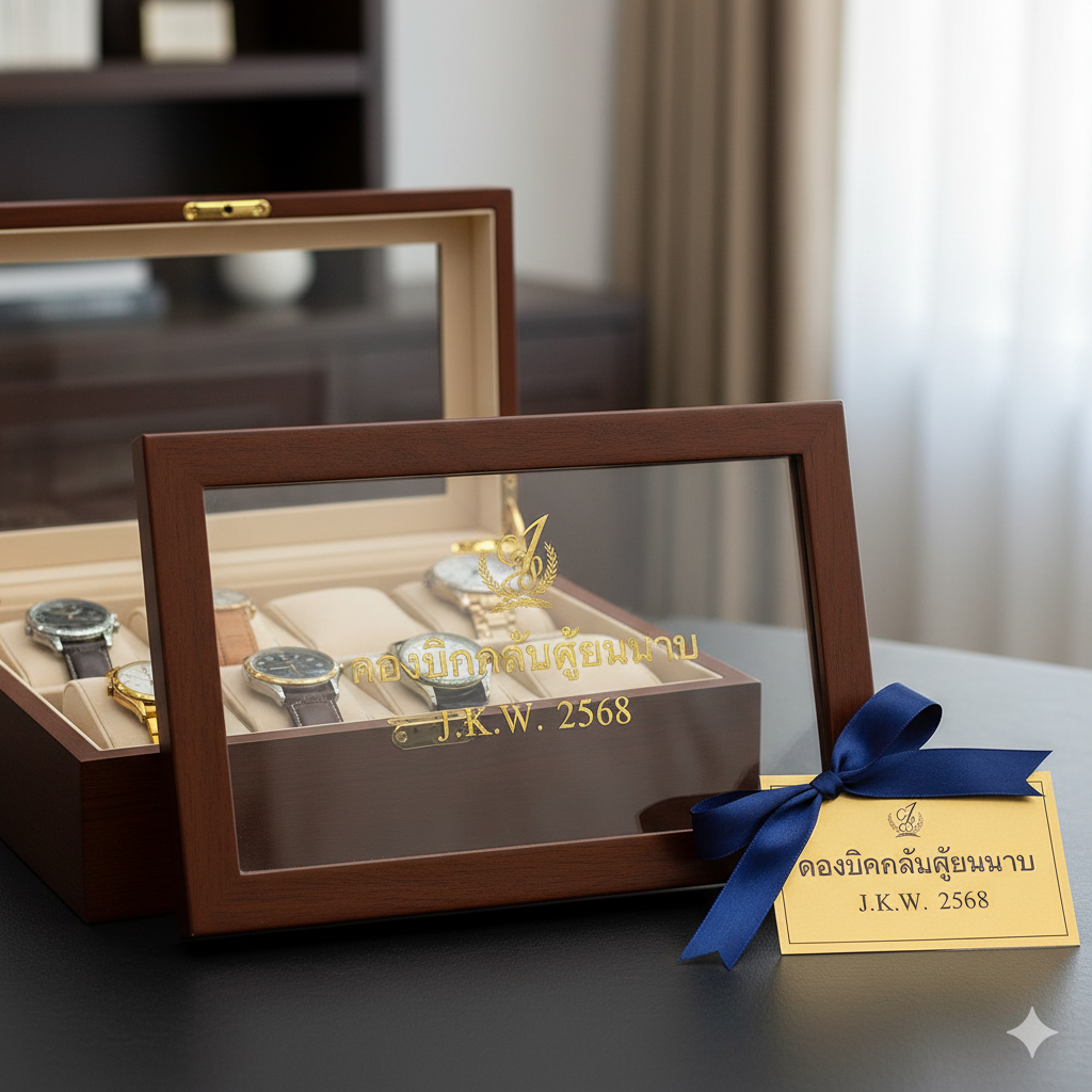 重点展示“优势”——个性化服务（Personalization）。图片应展示一个半开的12槽位手表盒，聚焦在其玻璃盖上。ในแก้วน้ำด้านขวาหรือตรงกลางควรมีข้อความที่แกะสลักอย่างสวยงามด้วยเลเซอร์หรือฟอยล์สีทอง (เช่น: J.K.W. 2025 หรือ bigwingold.com)。ข้างๆ สามารถวางการ์ดของขวัญหรือริบบิ้นที่สวยงามได้ โดยสื่อถึงแนวคิดของ "ของขวัญสำหรับผู้บริหาร" (商务礼品)。พื้นหลังควรจะเบลอเล็กน้อย โดยใช้แสงอ่อนๆ เพื่อเน้นรายละเอียดของการแกะสลักและความเงาของวัสดุ เน้นเอกลักษณ์และมูลค่าเพิ่มสูง