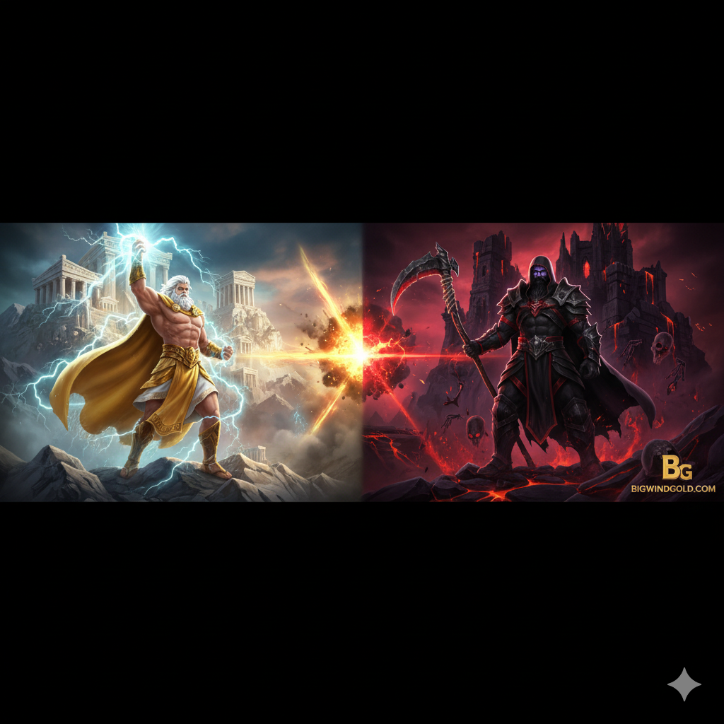 Ảnh bìa chính thức của trò chơi 'Zeus vs Hades - Gods of War' của Pragmatic Play. Bố cục chia đôi: bên trái là Zeus trong ánh sáng rực rỡ, đứng trên đỉnh Olympus, cầm sét với tông màu vàng-trắng-xanh dương; bên phải là Hades trong bóng tối âm u, đứng trên lâu đài địa ngục, cầm cây đinh ba hoặc lưỡi hái với tông màu đen-đỏ-tím. Hình ảnh nên có logo của BIGWINDGOLD ở góc dưới để tạo sự tin cậy. Phong cách đồ họa 3D ấn tượng, kịch tính, thể hiện rõ sự đối đầu giữa Thần Sấm và Thần Địa Ngục. Thêm một lớp hiệu ứng ánh sáng lôi điện và lửa địa ngục. Kích thước lý tưởng cho banner đầu bài viết.