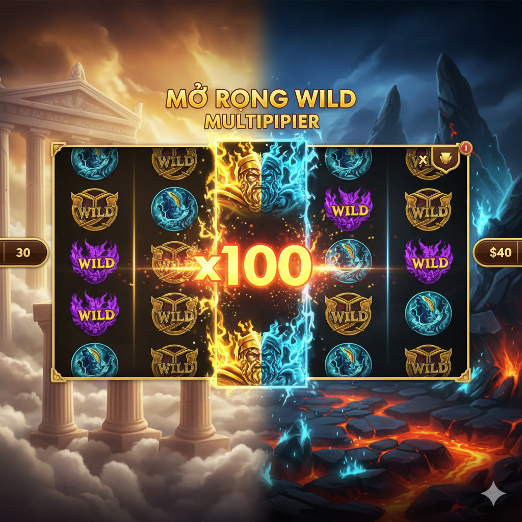 Hình ảnh minh họa tính năng 'Expanding Wilds' (Wild Mở Rộng) với Hệ số Nhân (Multiplier). Trọng tâm là một cuộn quay (reel) của slot game đang hiển thị biểu tượng Wild (có thể là hình Zeus hoặc Hades) mở rộng ra lấp đầy toàn bộ hàng dọc 5 ô. Hệ số Nhân lớn, ví dụ: 'x100' hoặc 'x50', phải được làm nổi bật trên cuộn quay đó. Phần nền là giao diện game slot, một bên là Olympus (mây, ánh sáng) và một bên là Hades (lửa, đá). Sử dụng màu sắc tương phản mạnh để thu hút sự chú ý vào Hệ số Nhân, nhấn mạnh cơ hội thắng lớn.