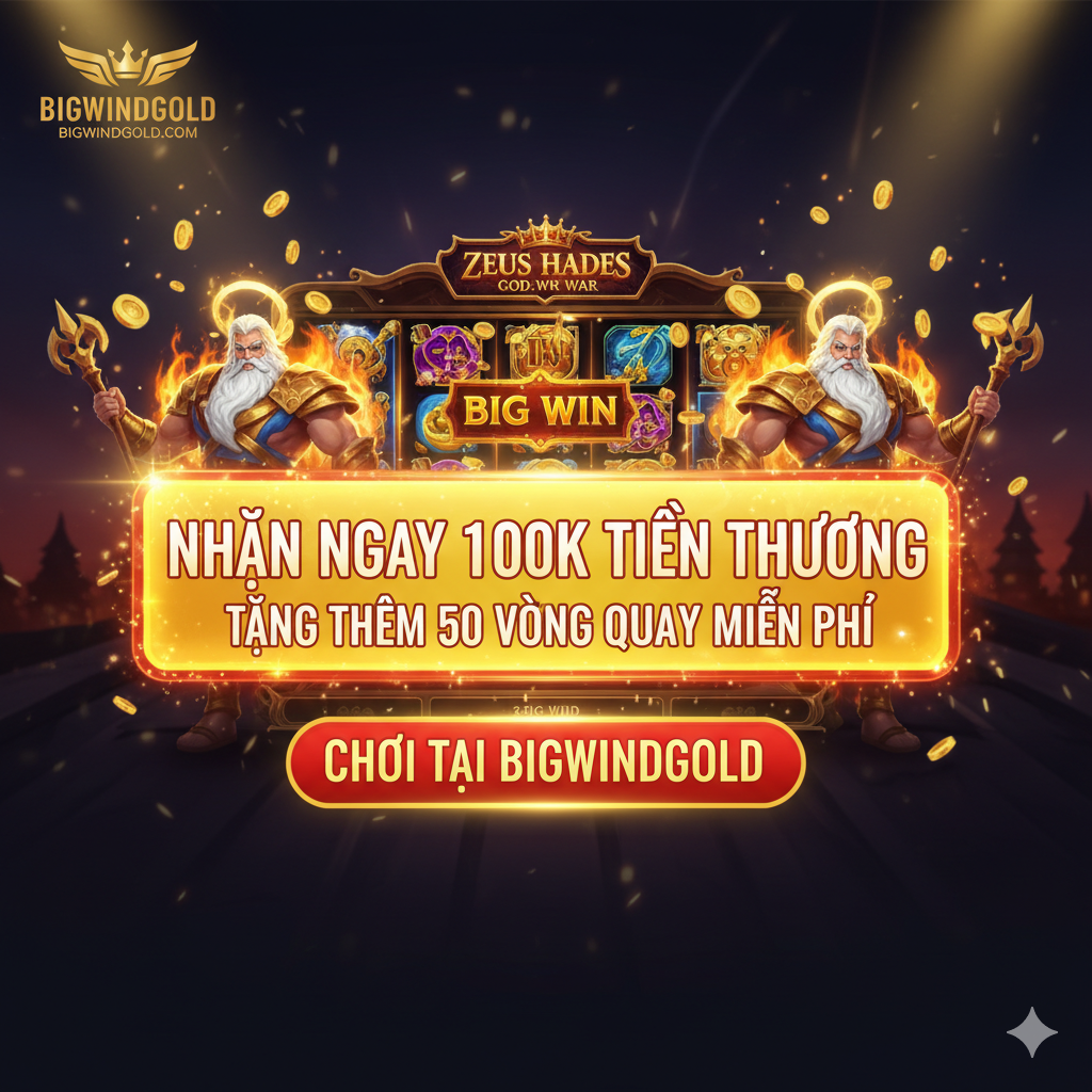 Hình ảnh tổng kết và kêu gọi hành động với ưu đãi độc quyền của BIGWINDGOLD. Nền là giao diện game slot, có thể là hình ảnh thắng lớn (Big Win) hoặc Max Win. Ở trung tâm, một banner nổi bật với dòng chữ tiếng Việt: 'Nhận Ngay 100K Tiền Thưởng' và 'Tặng thêm 50 Vòng Quay Miễn Phí'. Logo BIGWINDGOLD phải rõ ràng và nổi bật. Thêm một nút 'Đăng Ký Ngay' hoặc 'Chơi Tại BIGWINDGOLD' được thiết kế bắt mắt (màu đỏ hoặc vàng rực rỡ) để thúc đẩy người đọc hành động ngay lập tức. Thiết kế phải mang tính thương hiệu, chuyên nghiệp và đáng tin cậy.