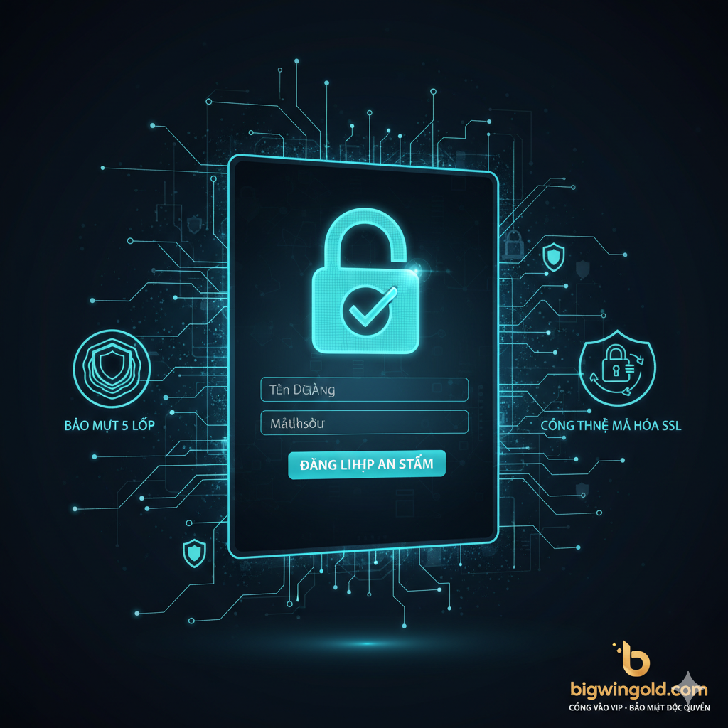 Hình ảnh minh họa tính năng bảo mật tiên tiến cho việc đăng nhập an toàn. Phong cách thiết kế công nghệ, với các đường nét xanh neon và trắng trên nền tối. Các yếu tố bao gồm: một màn hình đăng nhập (login screen) với biểu tượng khóa (lock icon) lớn và dấu tick xanh (check mark), hình ảnh mạng lưới bảo mật (cybersecurity network) bao quanh dữ liệu người dùng, và biểu tượng 'Bảo mật 5 lớp' hoặc 'Công nghệ mã hóa SSL'. Gần góc dưới có thể có logo bigwingold.com nhỏ, nhấn mạnh tính năng bảo mật độc quyền của cổng vào VIP.