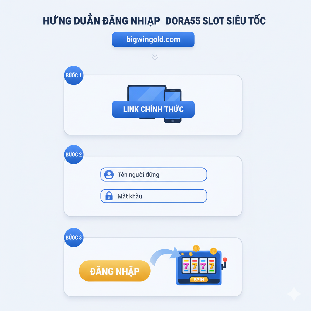 Ảnh hướng dẫn minh họa 3 bước đăng nhập Dora55 Slot nhanh chóng. Sử dụng phong cách infographic hoặc flat design hiện đại, rõ ràng. Bố cục chia thành 3 phần theo chiều ngang hoặc dọc, đánh số 'Bước 1', 'Bước 2', 'Bước 3'. Bước 1: Biểu tượng Màn hình máy tính/điện thoại và nút 'LINK CHÍNH THỨC'. Bước 2: Biểu tượng Tên người dùng và Mật khẩu (với ô điền). Bước 3: Biểu tượng nút 'ĐĂNG NHẬP' lớn và mũi tên chỉ vào giao diện trang chủ game slot. Màu sắc tươi sáng, dễ nhìn, tạo cảm giác quy trình đơn giản, siêu tốc.