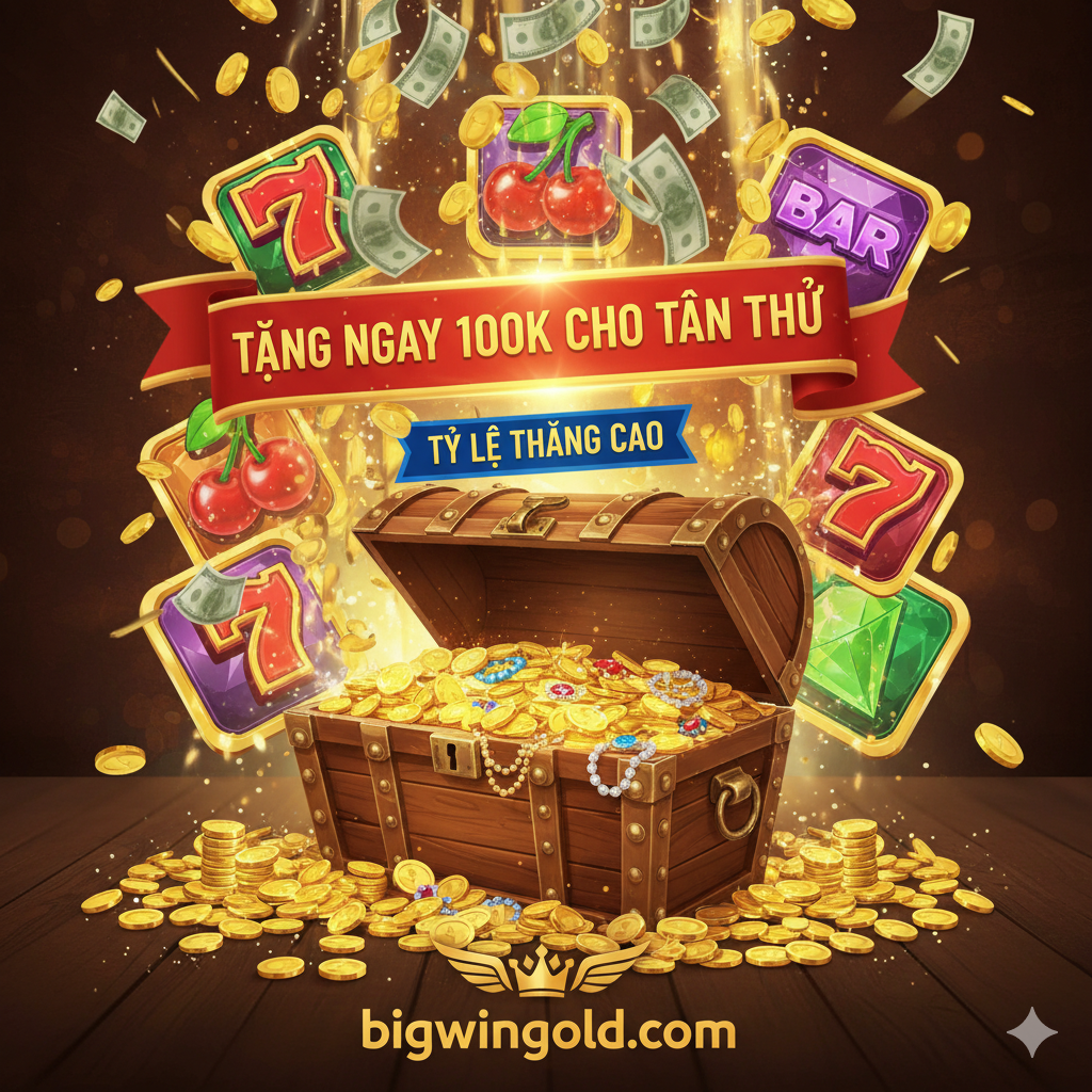 Hình ảnh tập trung vào ưu điểm và khuyến mãi hấp dẫn khi đăng nhập, đặc biệt là 'Thưởng Chào mừng 100K' và 'Tỷ lệ Thắng cao'. Nền ảnh nên là cảnh tượng kho báu (Treasure Chest), tiền vàng (Gold Coins), hoặc một cơn mưa tiền (Money Rain). Một biểu ngữ lớn có chữ 'TẶNG NGAY 100K CHO TÂN THỦ' hoặc 'THƯỞNG 100% LẦN NẠP ĐẦU' nổi bật. Phía sau có thể lồng ghép hình ảnh các biểu tượng Slot Game đa dạng. Màu sắc rực rỡ, kích thích, thể hiện sự giàu có và cơ hội chiến thắng lớn thông qua cổng VIP bigwingold.com.
