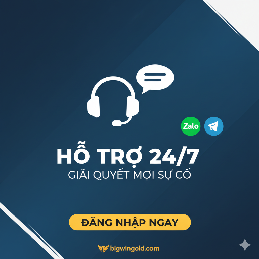 Ảnh tổng kết và kêu gọi hành động, nhấn mạnh dịch vụ hỗ trợ 24/7. Phong cách tối giản, đáng tin cậy. Yếu tố chính là biểu tượng tai nghe hỗ trợ (Headset) hoặc điện thoại/chat box, với dòng chữ 'Hỗ Trợ 24/7' hoặc 'Giải Quyết Mọi Sự Cố' lớn. Bên cạnh là các logo liên hệ như Zalo và Telegram. Dưới cùng là lời kêu gọi 'ĐĂNG NHẬP NGAY' và logo bigwingold.com nhỏ, tạo sự an tâm và cam kết hỗ trợ tối đa cho người chơi gặp vấn đề (ví dụ: quên mật khẩu, link bị chặn).