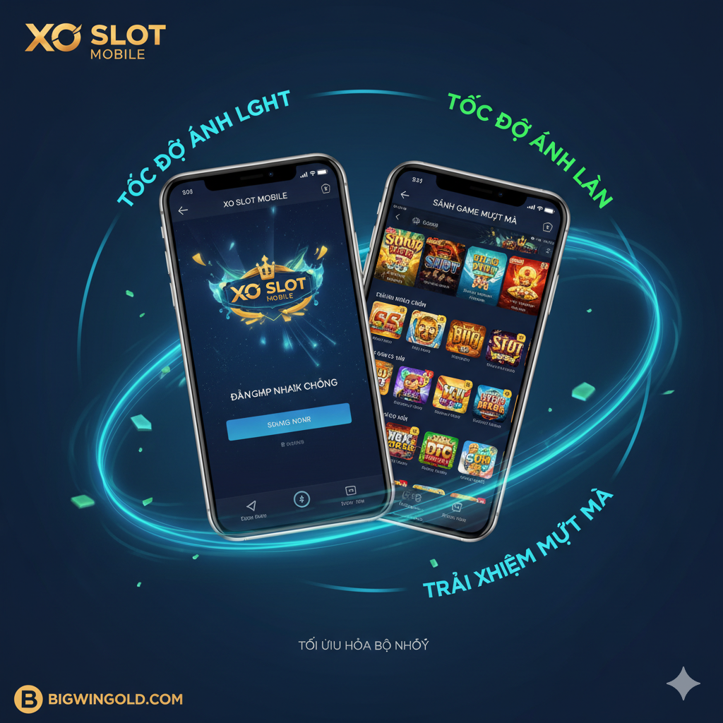 Hai mẫu điện thoại (iOS và Android) hiển thị giao diện game XO Slot Mobile App mượt mà, tốc độ tải ánh sáng, và tối ưu hóa bộ nhớ, tượng trưng cho trải nghiệm chơi game không gián đoạn trên di động