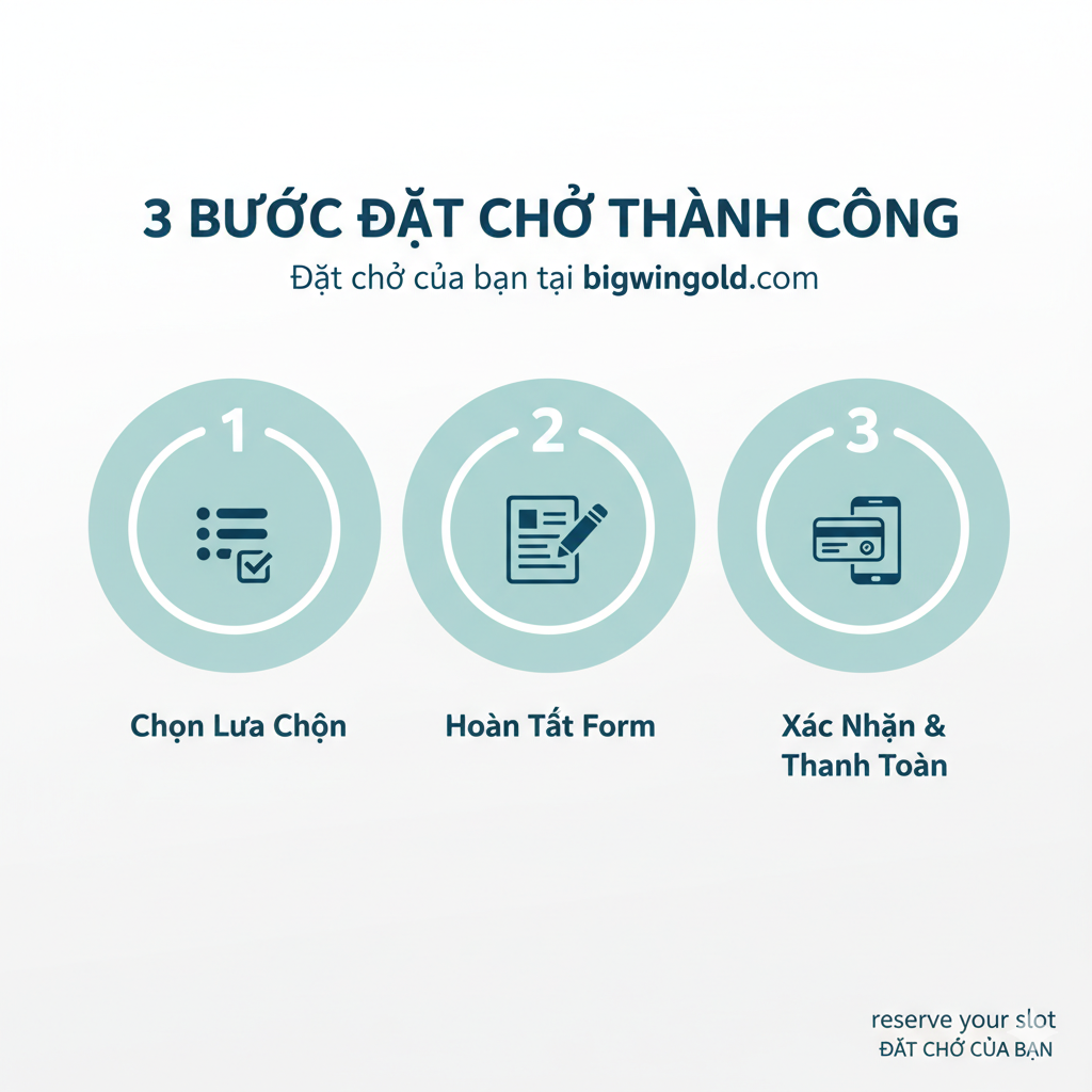 Hình ảnh hướng dẫn rõ ràng, minh họa quy trình “đặt chỗ thành công trong 3 bước”. Hình ảnh sử dụng thiết kế sơ đồ quy trình hoặc ba biểu tượng song song. Biểu tượng đầu tiên đại diện cho “Chọn Lựa Chọn” (Chọn), có thể là một menu thả xuống hoặc hộp kiểm; biểu tượng thứ hai đại diện cho “Hoàn Tất Form” (Điền thông tin), có thể là một biểu mẫu với bút chì và hộp nhập liệu; biểu tượng thứ ba đại diện cho “Xác Nhận & Thanh Toán” (Xác nhận và Thanh toán), có thể là thẻ thanh toán với dấu ✓ hoặc giao diện thanh toán di động. Các biểu tượng nên có phong cách thống nhất, phẳng, được bổ sung bằng các số đơn giản “1, 2, 3”. Nền có thể là màu sáng để làm nổi bật văn bản và các biểu tượng, tăng cường khả năng hướng dẫn người dùng.
