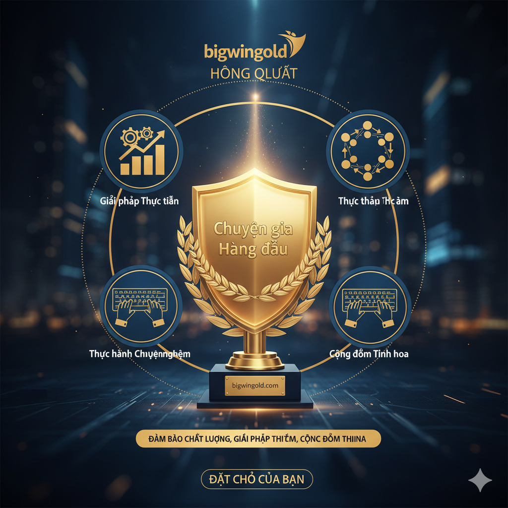 Hình ảnh tập trung vào “tín nhiệm và đảm bảo chất lượng của bigwingold.com”. Hình ảnh trung tâm là một huy hiệu hoặc cúp với dòng chữ “Chuyên gia Hàng đầu” bao quanh bởi các yếu tố tượng trưng cho tính chuyên nghiệp (như bánh răng, biểu đồ), tính thực tiễn (như tay thao tác bàn phím) và cộng đồng (như biểu tượng người kết nối). Phong cách tổng thể nên trang nhã, chuyên nghiệp, sử dụng màu xanh lam và vàng làm tông màu chính, nhấn mạnh giá trị cốt lõi của thương hiệu (Đảm bảo Chất lượng, Giải pháp Thực tiễn, Cộng đồng Tinh hoa). Bố cục phải ổn định, làm nổi bật sự tín nhiệm ở trung tâm, với các yếu tố phụ trợ minh họa lợi thế.