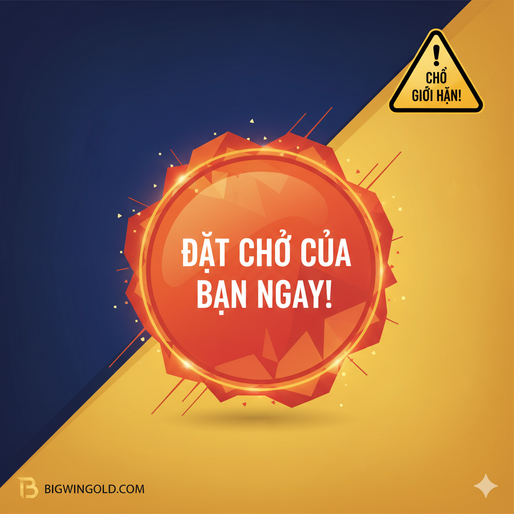 Hình ảnh kết luận và kêu gọi hành động (CTA) mạnh mẽ. Yếu tố chính là một nút màu đỏ hoặc cam lớn, gây cảm giác cấp bách, có in dòng chữ “BOOK YOUR SLOT NOW” hoặc tiếng Việt là “NHẤN VÀO ĐÂY!”. Các hình học mang tính bùng nổ hoặc đường nét chuyển động nhanh có thể được thêm vào xung quanh nút để tạo ra một bầu không khí hành động ngay lập tức. Phông nền nên là màu chuyển sắc, ví dụ từ xanh đậm sang vàng, tượng trưng cho phần thưởng lớn đến từ hành động. Ở góc có thể đặt một dấu hiệu cảnh báo nhỏ nhưng rõ ràng “X Chỗ Trống” hoặc “Limited Slots” để củng cố tính cấp bách của “cơ hội cuối cùng”.