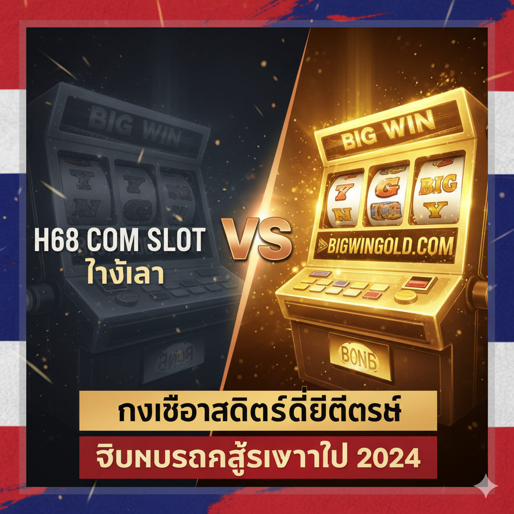 ออกแบบให้มีองค์ประกอบการเปรียบเทียบระหว่าง H68 COM SLOT ทางเข้า vs BIGWINGOLD.COM โดยใช้โทนสีที่แตกต่างกันเพื่อเน้นว่า BIGWINGOLD.COM เป็นทางเลือกสล็อตที่ดีที่สุด ที่โบนัสแตกง่ายกว่าในปี 2024