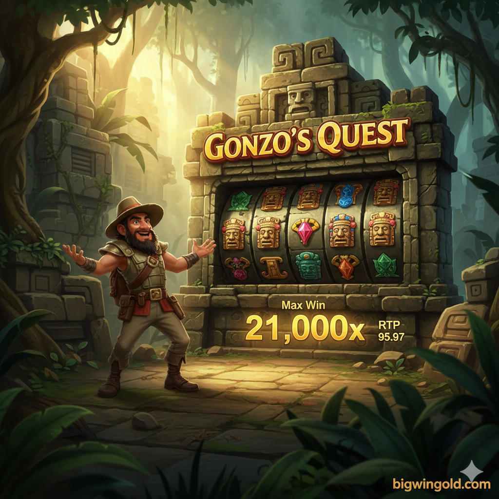 ภาพหน้าปกสไตล์ผจญภัยในป่าทึบธีมมายัน/แอซเท็ก ตัวละคร Gonzo นักสำรวจสวมหมวกและเสื้อเกราะยืนอยู่ทางด้านซ้ายของหน้าจอด้วยท่าทางตื่นเต้น ฉากหลังเป็นซากปรักหักพังหินโบราณที่ปกคลุมด้วยเถาวัลย์ มีแสงอาทิตย์สีทองสาดส่องลงมา เน้นองค์ประกอบของสล็อต Gonzo's Quest ที่กำลังแสดงตัวเลข 'Max Win 21,000x' และ 'RTP 95.97%' บนวงล้อหินโบราณ ใช้โทนสีเขียวเข้มและสีทองสว่างเพื่อสื่อถึงขุมทรัพย์และการผจญภัย.