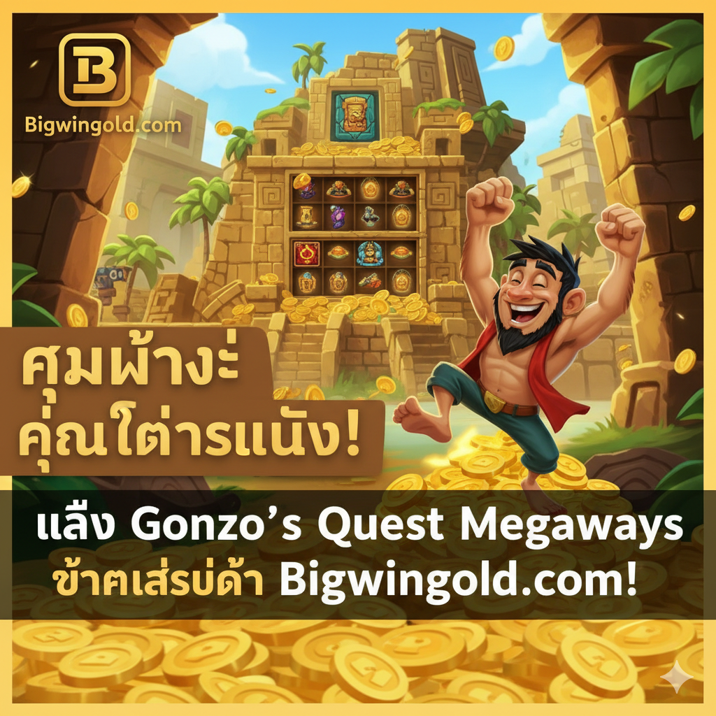 ภาพสรุปและกระตุ้นการตัดสินใจ (CTA) แสดงภาพซากปรักหักพังของ El Dorado ที่เต็มไปด้วยทองคำและสมบัติ มีเหรียญทองคำจำนวนมากกองอยู่ด้านล่าง โดยมีโลโก้ Bigwingold.com (สมมติว่าเป็นโลโก้สไตล์ทองคำ) ถูกวางไว้อย่างเหมาะสม ตัวละคร Gonzo ยิ้มอย่างพึงพอใจและกำลังเต้นฉลองชัยชนะอยู่ใกล้กองสมบัติ เน้นข้อความขนาดใหญ่เป็นภาษาไทย 'คุ้มค่าแก่การลงทุน!' และ 'เล่น Gonzo's Quest Megaways แตกง่ายที่ Bigwingold!' เพื่อเชิญชวนให้คลิก.