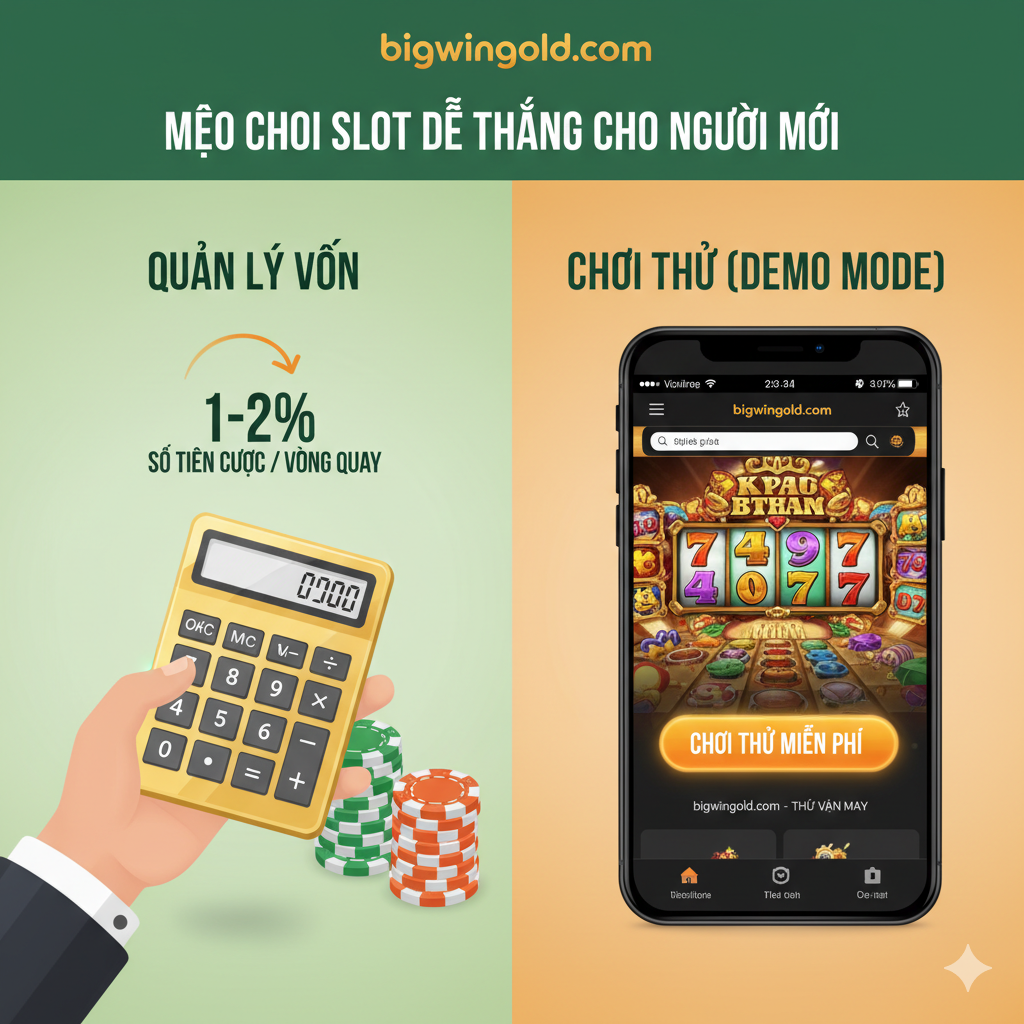 Hình ảnh minh họa cho các mẹo quản lý vốn (Bankroll Management) và chơi thử (Demo Mode), giúp người chơi mới có chiến lược chơi Slot Games an toàn hơn.