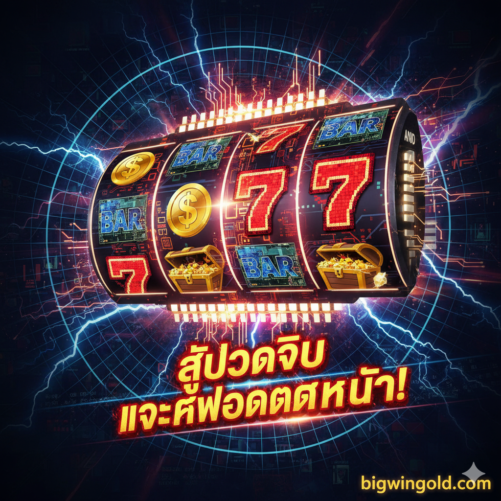 A high-energy, futuristic visual blending gaming hardware and online slots. The central focus is a powerful, stylized computer chip (like an AMD Ryzen or GPU) with glowing red and gold circuit traces. This chip is embedded within a classic slot machine reel, with the reel symbols (sevens, bars, cherries) replaced by slot game icons and money symbols. The background is a dark, tech-inspired grid with lightning bolts, emphasizing speed and 'แตกหนัก' (high payout). The composition is dynamic and aggressive, symbolizing the raw power of AMD applied to high-speed jackpot gaming.