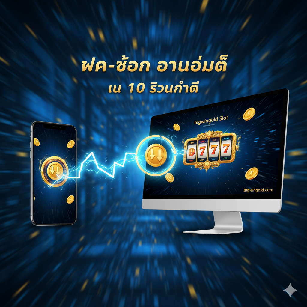An image illustrating the speed and multi-platform access of bigwingold. The scene features a smartphone and a sleek desktop monitor (PC) side-by-side, both displaying the bigwingold slot interface. A dramatic, high-speed energy beam or lightning bolt streaks from the phone, passing through a bank transaction icon (like a coin with an arrow), and landing in the PC screen, symbolizing the 'ฝาก-ถอน อัตโนมัติ' (Auto Deposit-Withdrawal) completed in under 10 seconds. The dominant color palette is electric blue and gold, conveying efficiency, speed, and reliability.