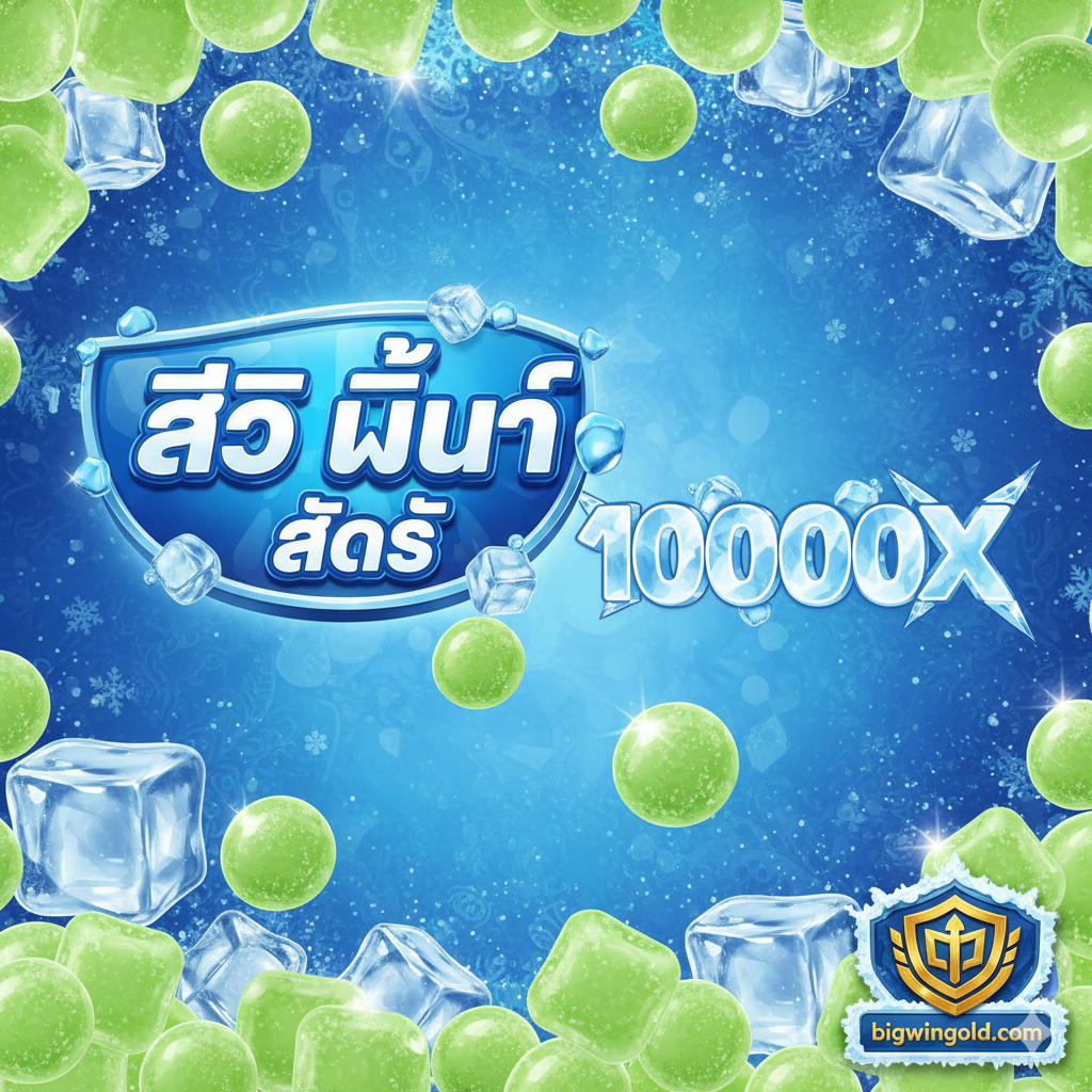 ออกแบบภาพปกเกม Ice Mints Slot ที่มีโลโก้เกม, สัญลักษณ์มินต์และน้ำแข็ง, เน้นตัวเลข 10000X และโลโก้ bigwingold.com
