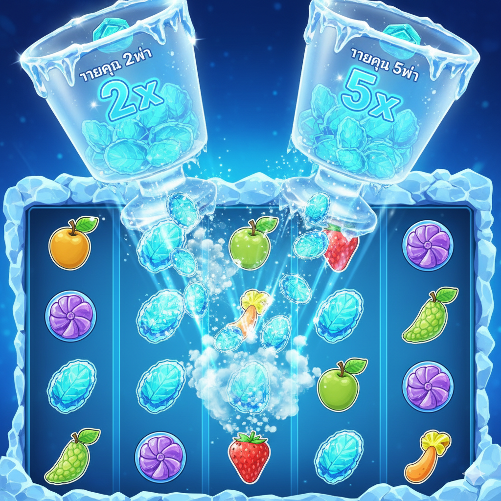 ภาพเกม Ice Mints Slot ที่แสดงกลไก Multiplier Cups ที่ด้านบนของตาราง, แสดงสัญลักษณ์ Mints กำลังถูกสะสมและตัวคูณกำลังทำงาน