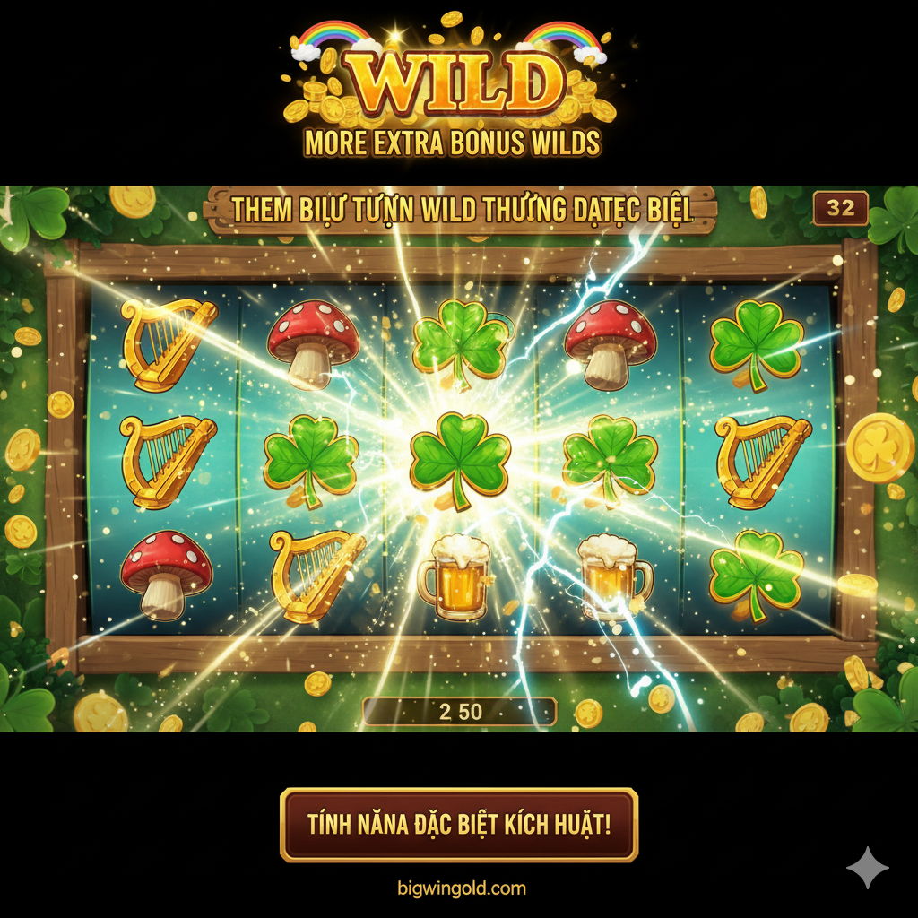 Hình ảnh minh họa tính năng đặc biệt 'More Extra Bonus Wilds'. Trưng bày một màn hình quay slot đang hoạt động (5x3). Ở trung tâm màn hình, nhiều biểu tượng thường (như nấm, đàn hạc) đang được chuyển đổi thành biểu tượng Wild (Cỏ Bốn Lá) với hiệu ứng ánh sáng vàng lấp lánh và các tia sét xanh. Ở góc trên, có thể hiển thị dòng chữ 'WILD' lớn và rõ ràng. Toàn bộ hình ảnh cần có hiệu ứng động mạnh mẽ, tập trung vào sự biến đổi đột ngột và may mắn của tính năng Wild.