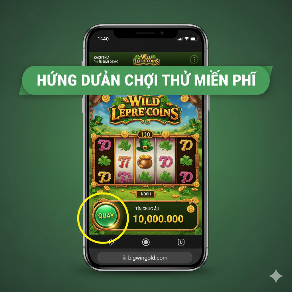Hình ảnh hướng dẫn cách chơi Wild Lepre'coins phiên bản Demo. Hiển thị một giao diện game slot trên màn hình máy tính hoặc di động (có thể là một chiếc điện thoại hiện đại). Màn hình game cần làm nổi bật các nút quan trọng: Nút 'Spin' (Quay) lớn, có thể được khoanh tròn; khu vực hiển thị 'Credit' (Tín dụng ảo) với số tiền lớn (tượng trưng cho bản FREE); và dòng chữ 'Chơi Thử' hoặc 'Demo Mode' nhỏ gọn ở góc. Phong cách rõ ràng, dễ hiểu, mô phỏng lại giao diện người dùng thực tế của game.