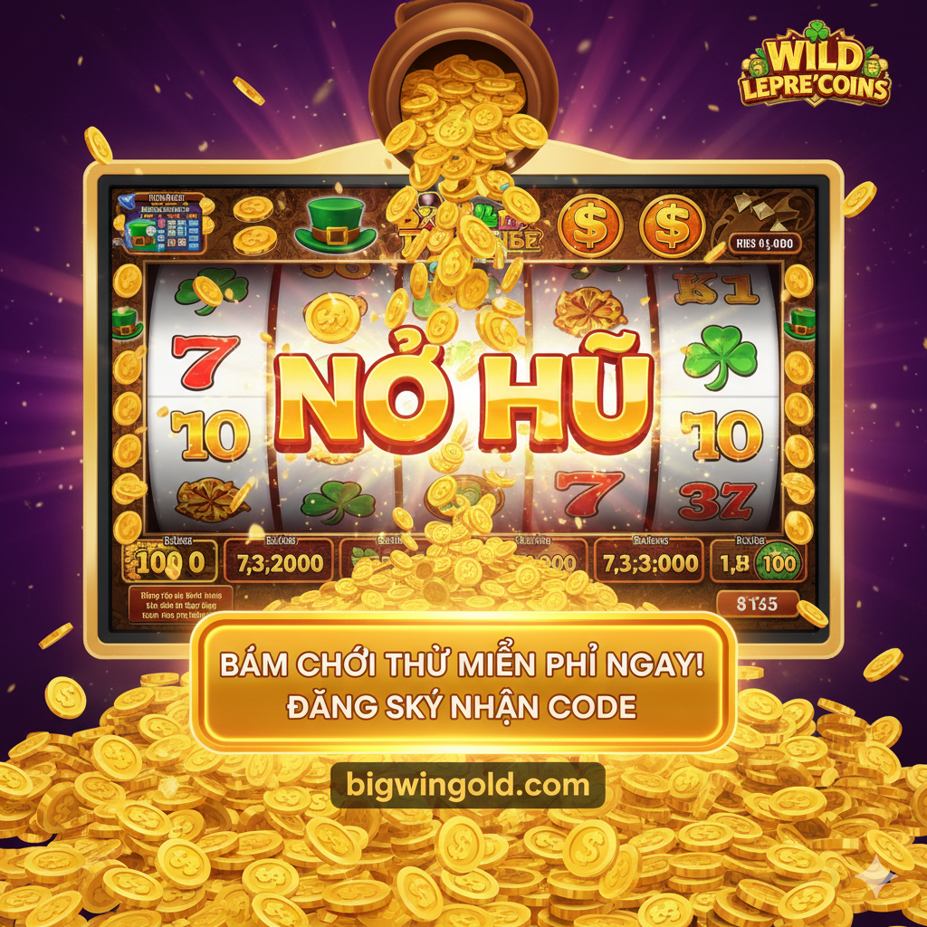 Hình ảnh mang tính kêu gọi hành động (Call To Action). Gồm một màn hình slot Wild Lepre'coins với kết quả 'BIG WIN' hoặc 'JACKPOT' lớn, tiền vàng đang đổ ra khỏi hũ. Phía dưới hình ảnh, có một nút bấm lớn, nổi bật với dòng chữ 'Bấm Chơi Thử Miễn Phí Ngay' hoặc 'Đăng Ký Nhận Code'. Hình ảnh nên tạo cảm giác phấn khích, chiến thắng và cấp bách, khuyến khích người xem nhấp chuột ngay để trải nghiệm phiên bản chơi thử trên bigwingold.com.