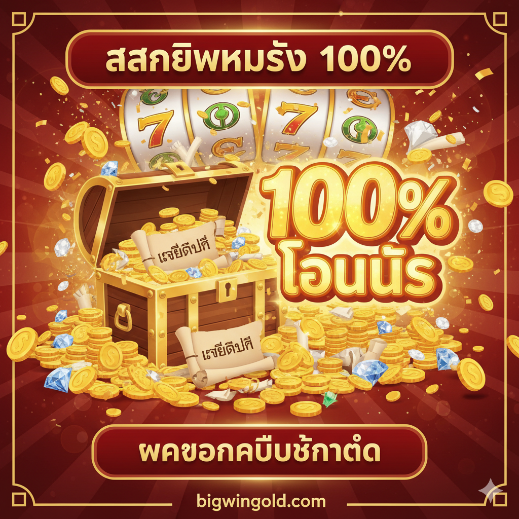一张充满诱惑力的促销และ优惠优势图。使用明亮且喜庆的色彩，如鲜红、亮金และ奶油黄。画面中心是一个打开的宝箱，宝箱里装满了金币、钻石和印有“เครดิตฟรี”字样的礼券。旁邊放置一个巨大的、闪耀着光芒的“100%”或“โบนัส”标志，强调新会员的丰厚奖励。构图应充满活力和堆积感，象征着奖金และ福利的溢出。文字元素着重突出“สมาชิกใหม่รับ 100%”และ“ฝากถอนไม่มีขั้นต่ํา”，吸引用户进行商业决策。