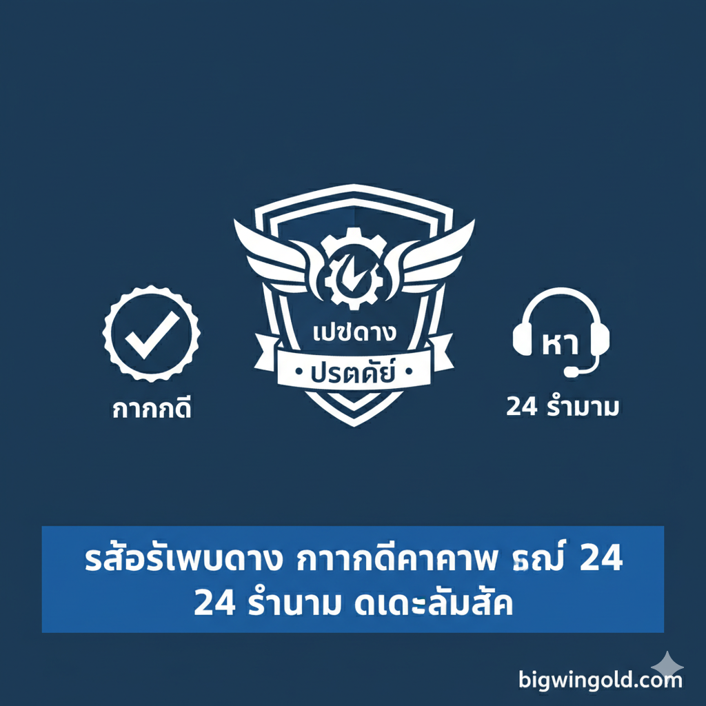 一张用于总结和建立信任信号的图片。使用沉稳的蓝色และ白色为主色调，传达可靠性และ专业性。主要元素รวมถึง一个醒目的盾牌徽章（代表安全和“เว็บตรง”认证），一个24小时服务热线的耳机图标，以及一个带有大大的“√”符号的验证标志。构图应简洁、专业且具有权威感，位于底部或中央的横幅可以写上“24 ชั่วโมง ดูแลลูกค้า”หรือ“สล็อตเว็บตรง การันตีความปลอดภัย”的泰文总结性语句。整体感觉干净利落，旨在回答常见问题后增强用户的信任度。